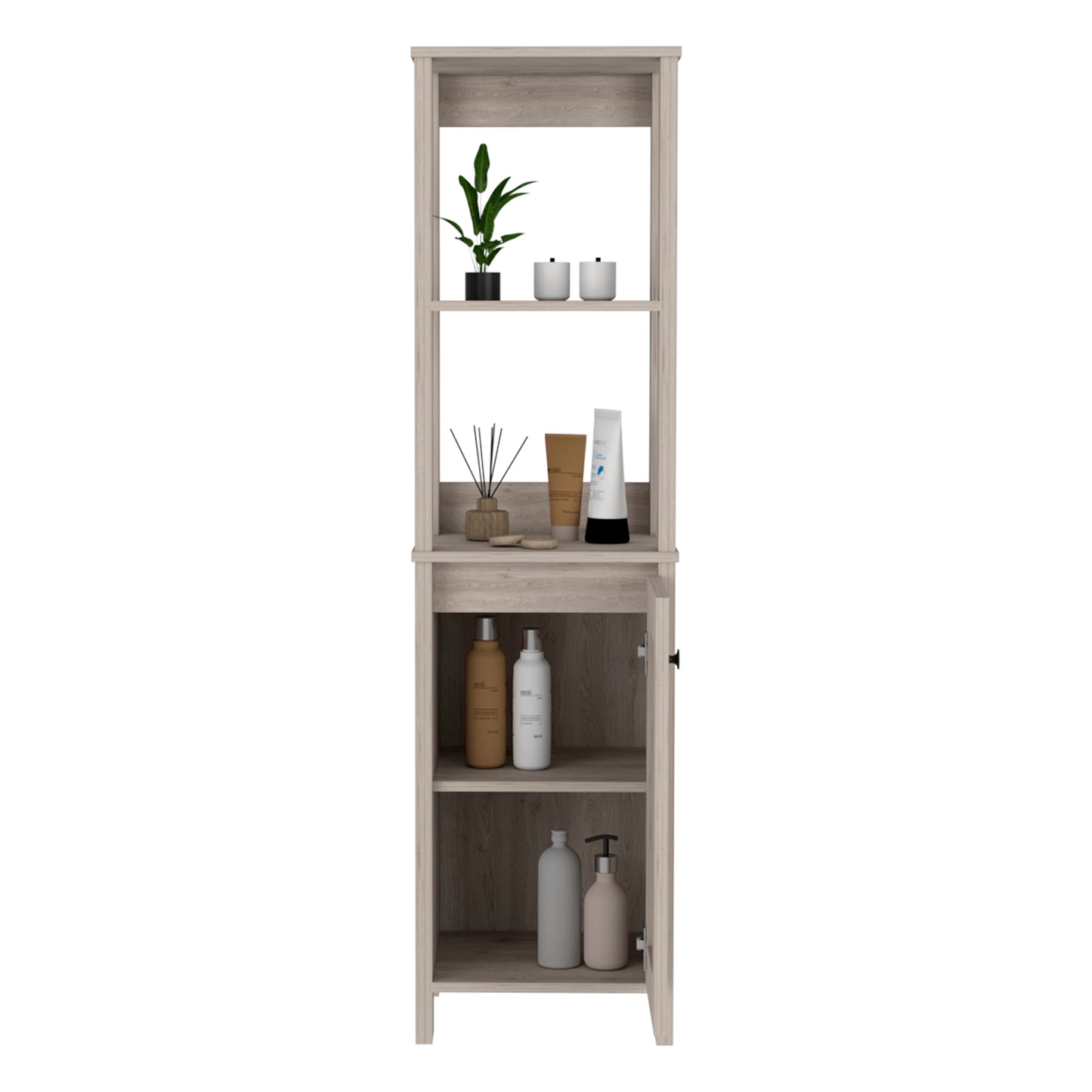 Light wood slim storage cabinet with three open shelves and one enclosed cabinet