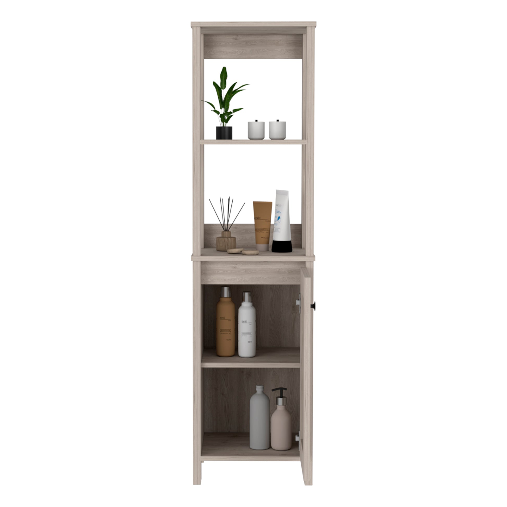Light wood slim storage cabinet with three open shelves and one enclosed cabinet