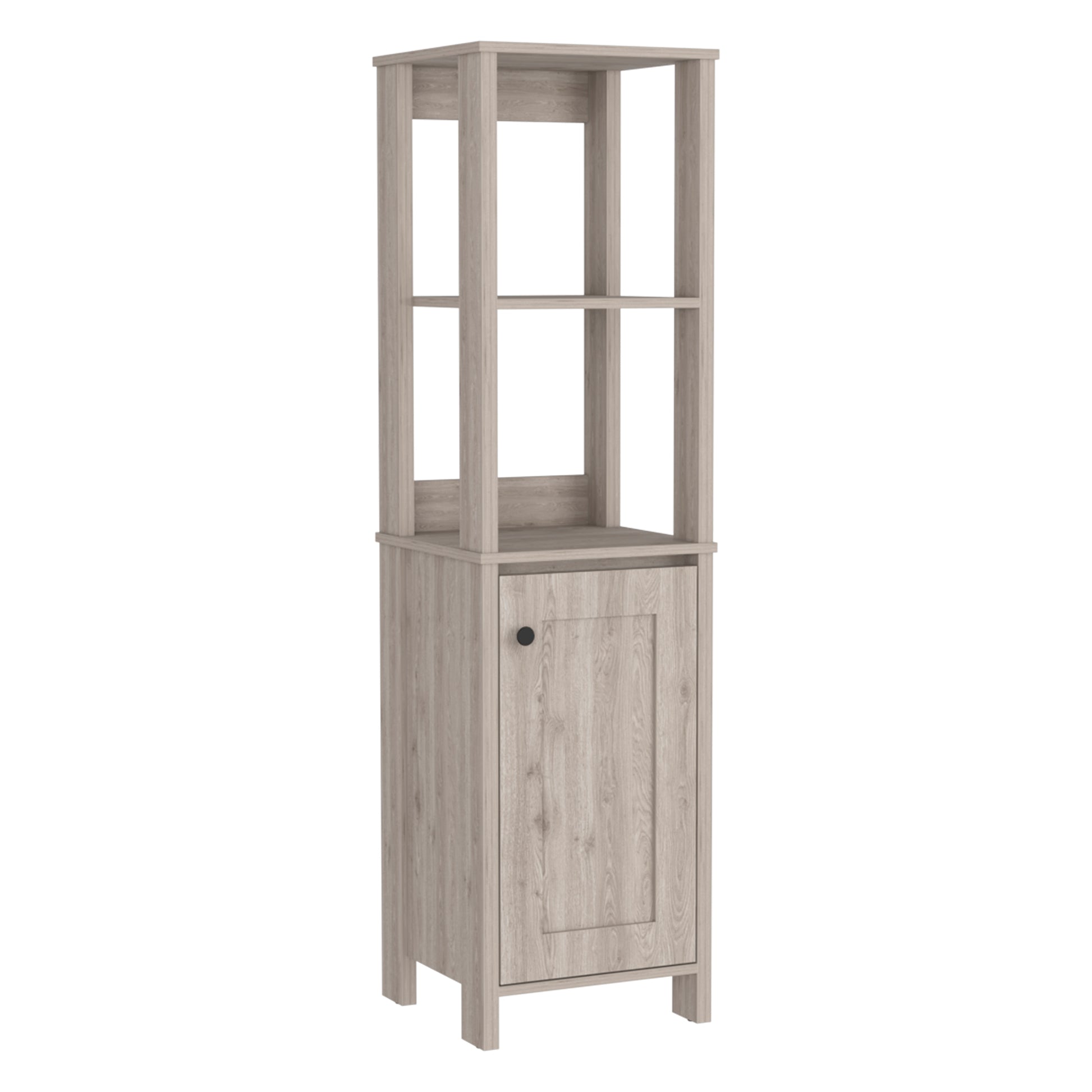 Light wood grain storage tower with one door and three open shelves