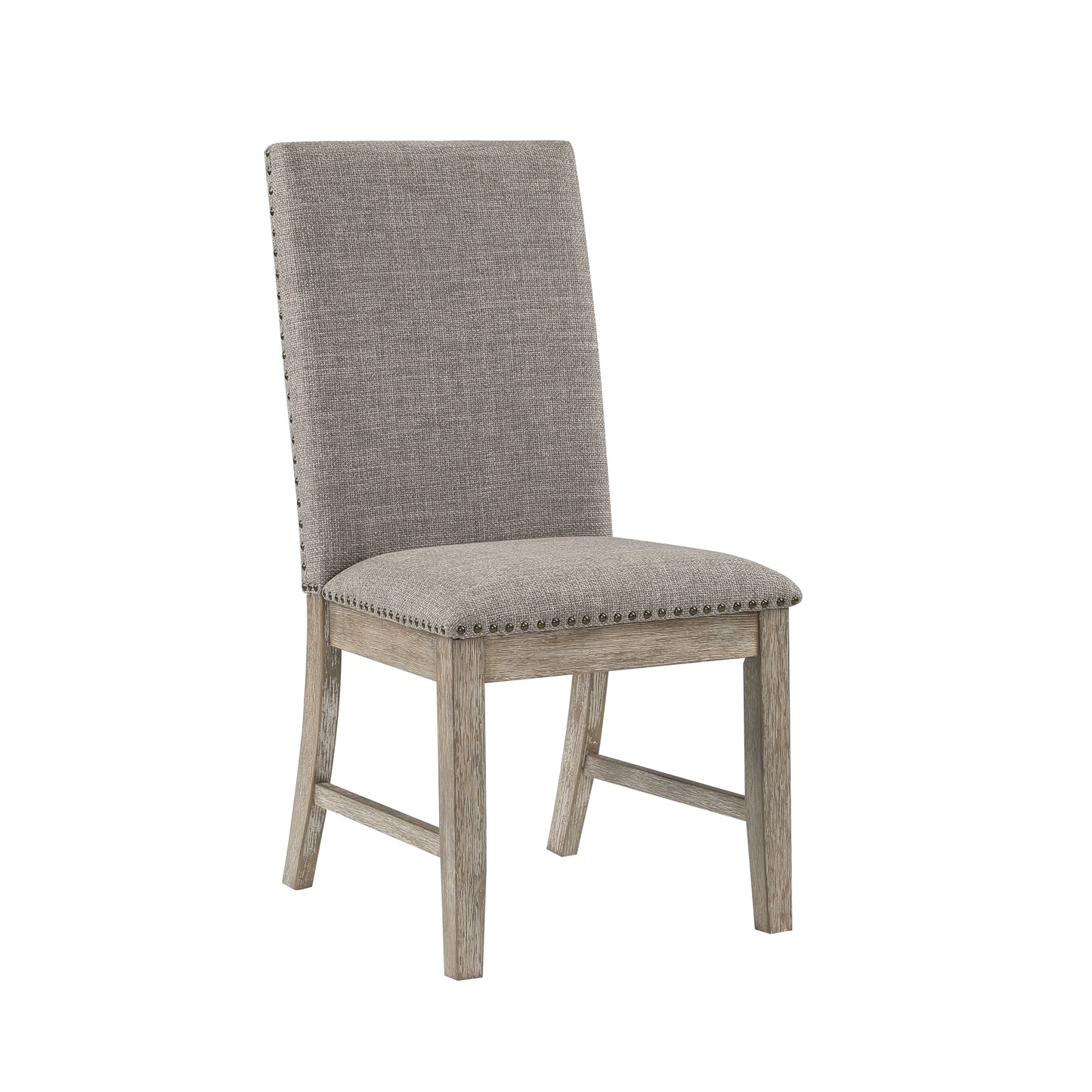 Gray upholstered dining chair with nailhead trim and distressed wood legs