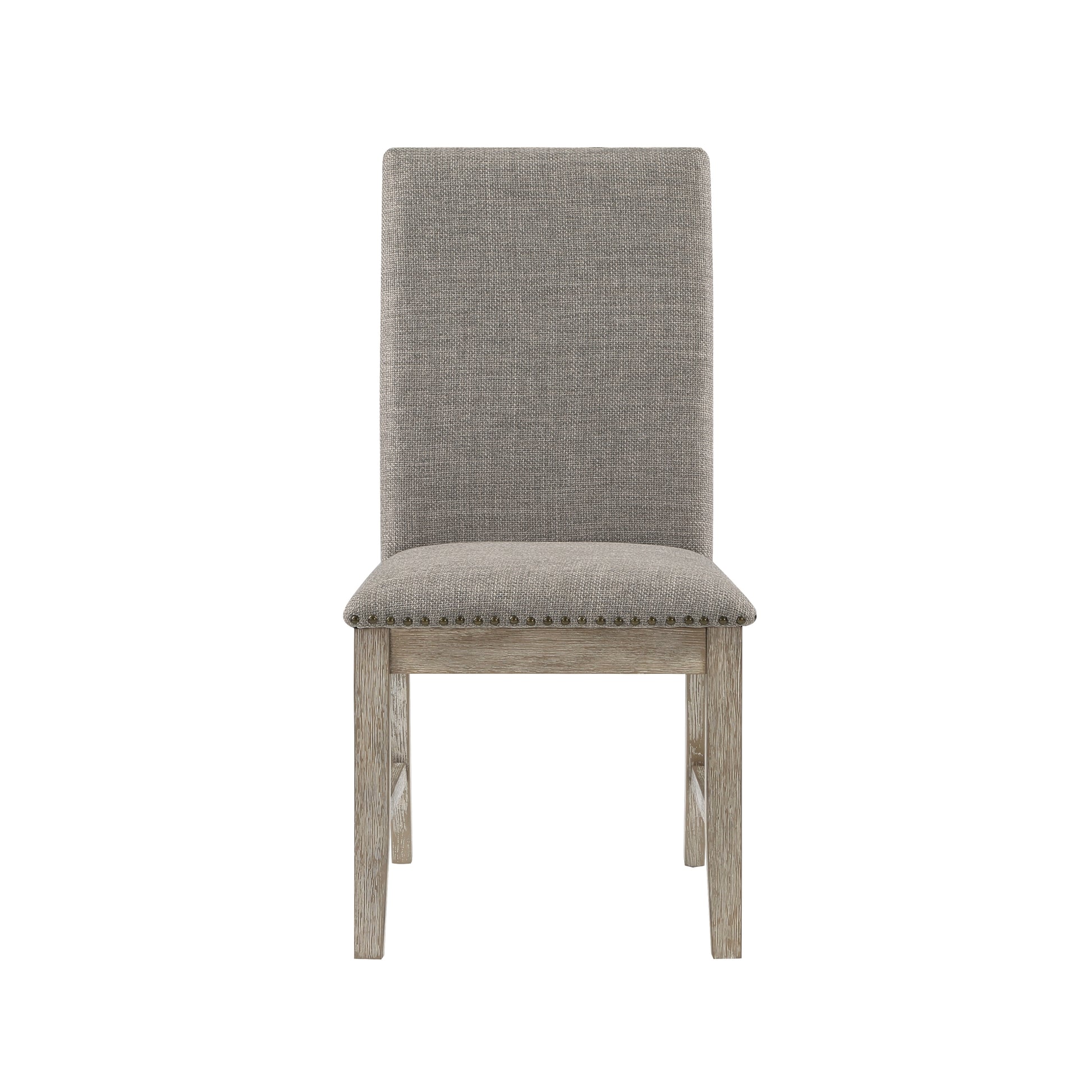 Gray fabric dining chair with upholstered seat and nailhead trim on distressed wood legs