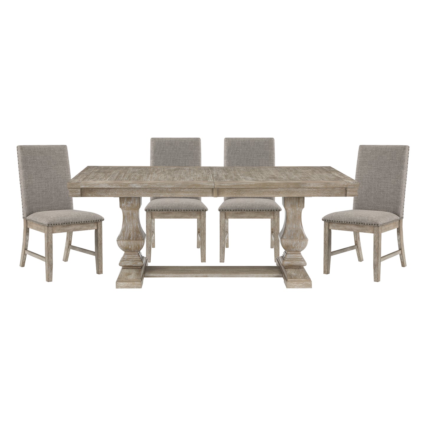 Rustic farmhouse dining table with four upholstered chairs and nailhead trim