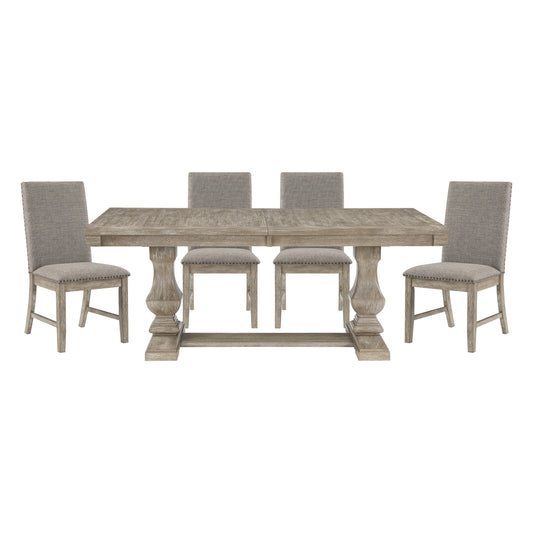Rustic farmhouse dining table with four upholstered chairs and nailhead trim