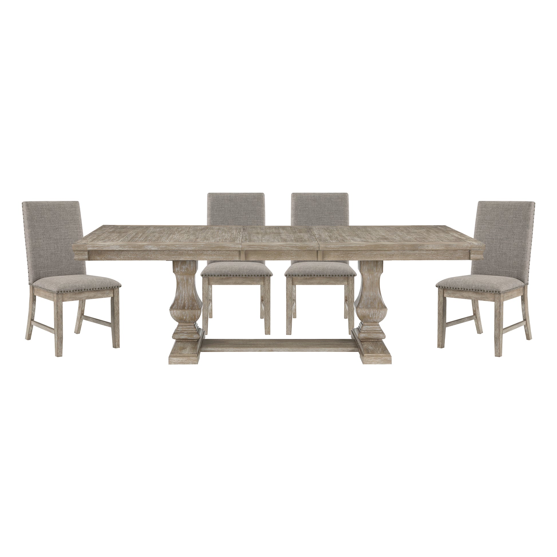 Rustic distressed wood dining table with upholstered chairs