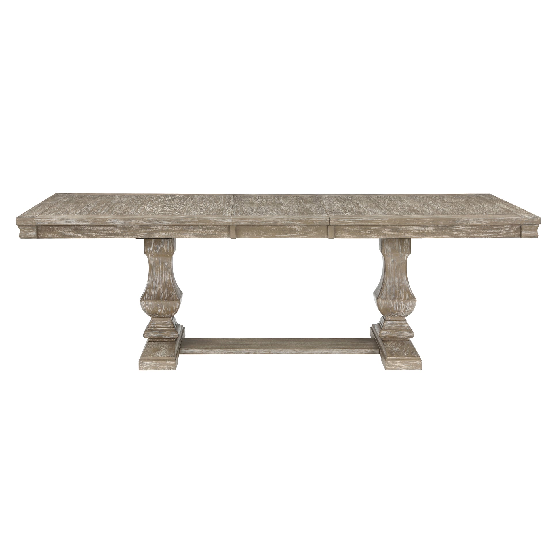 Rustic oak extending dining table with double pedestal base