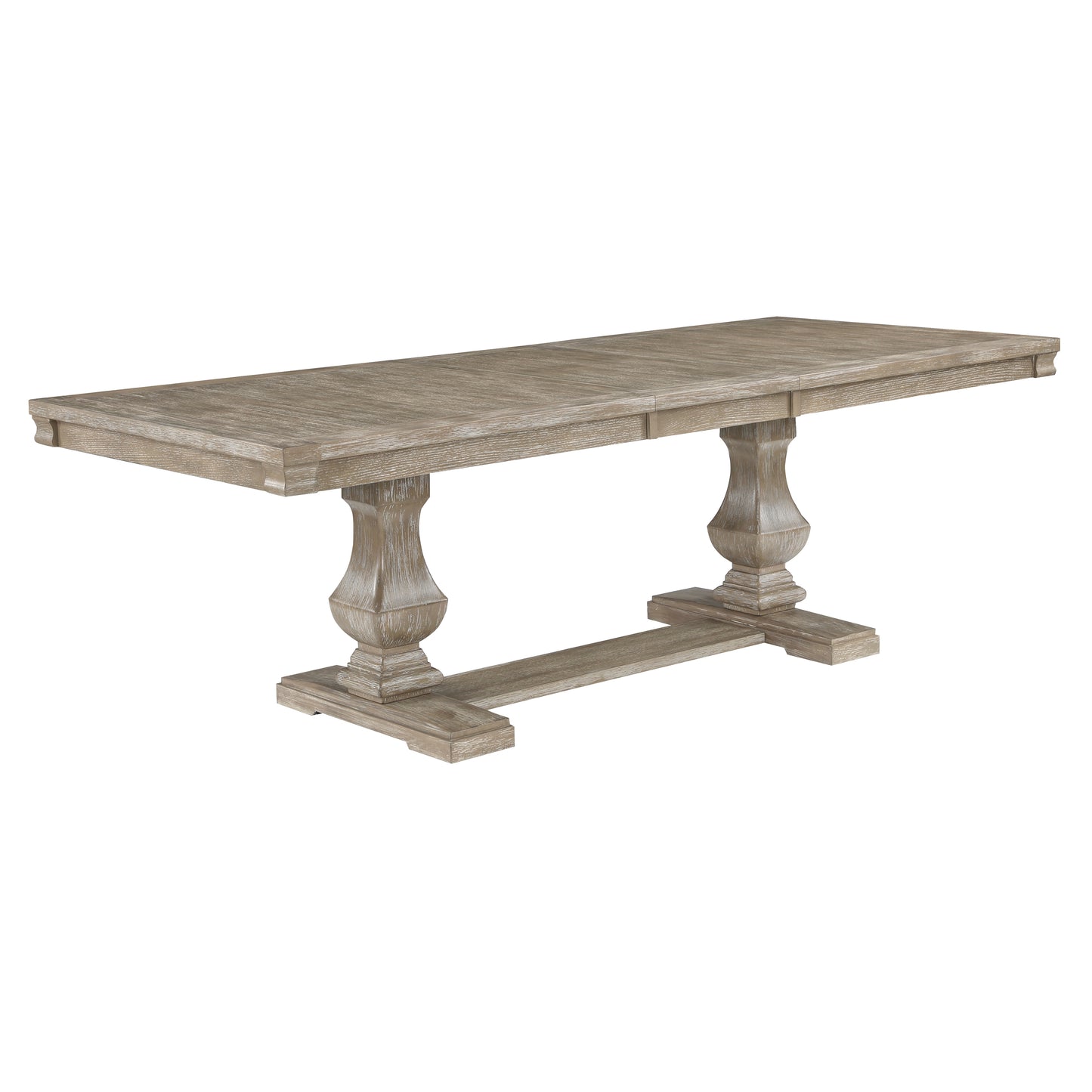 Rustic greywash dining table with pedestal bases and extension leaves
