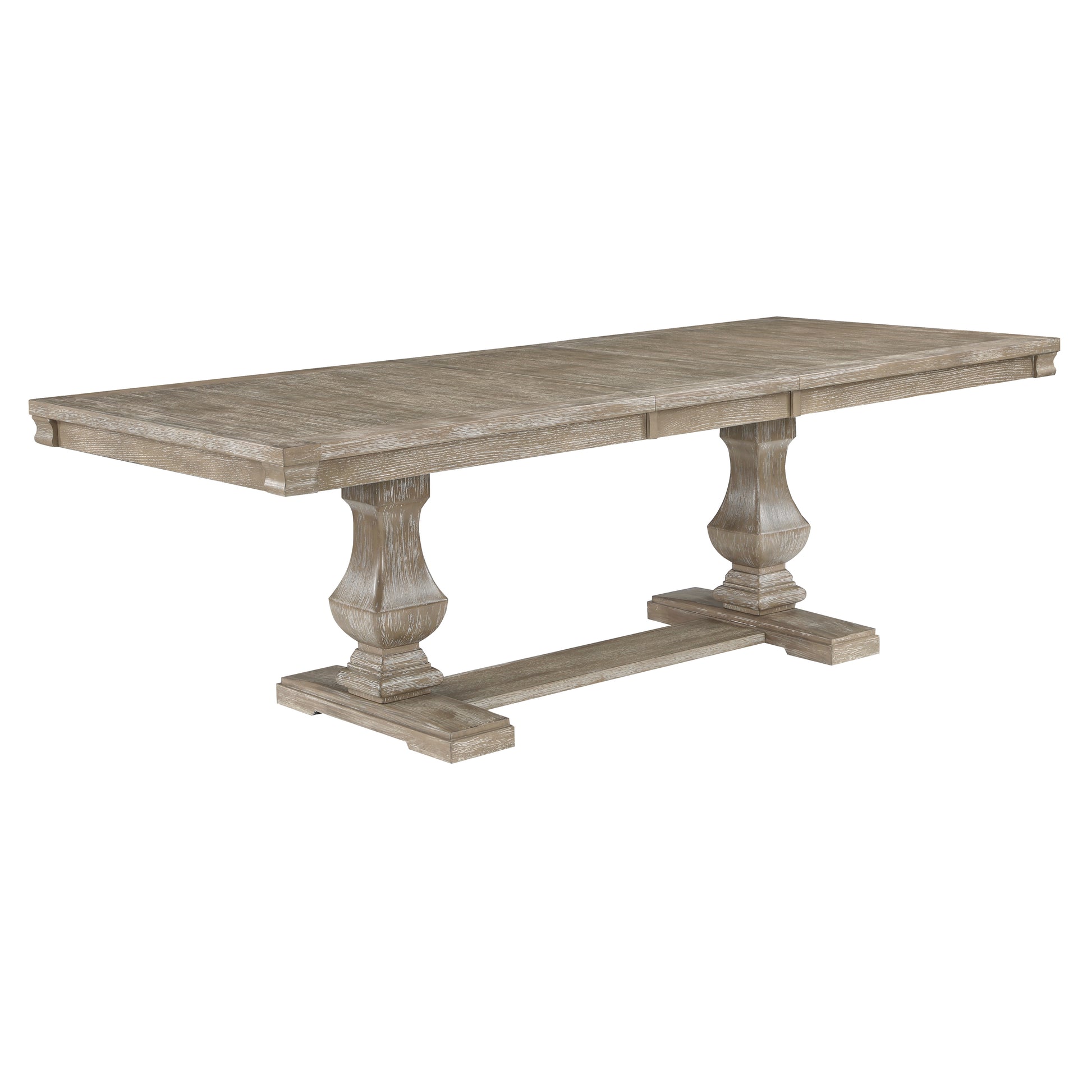 Rustic greywash dining table with pedestal bases and extension leaves
