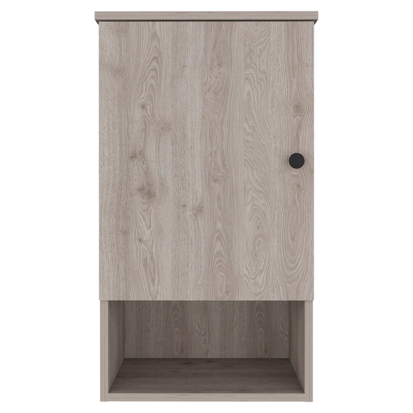 Light gray wood grain wall cabinet with black knob and open shelf below