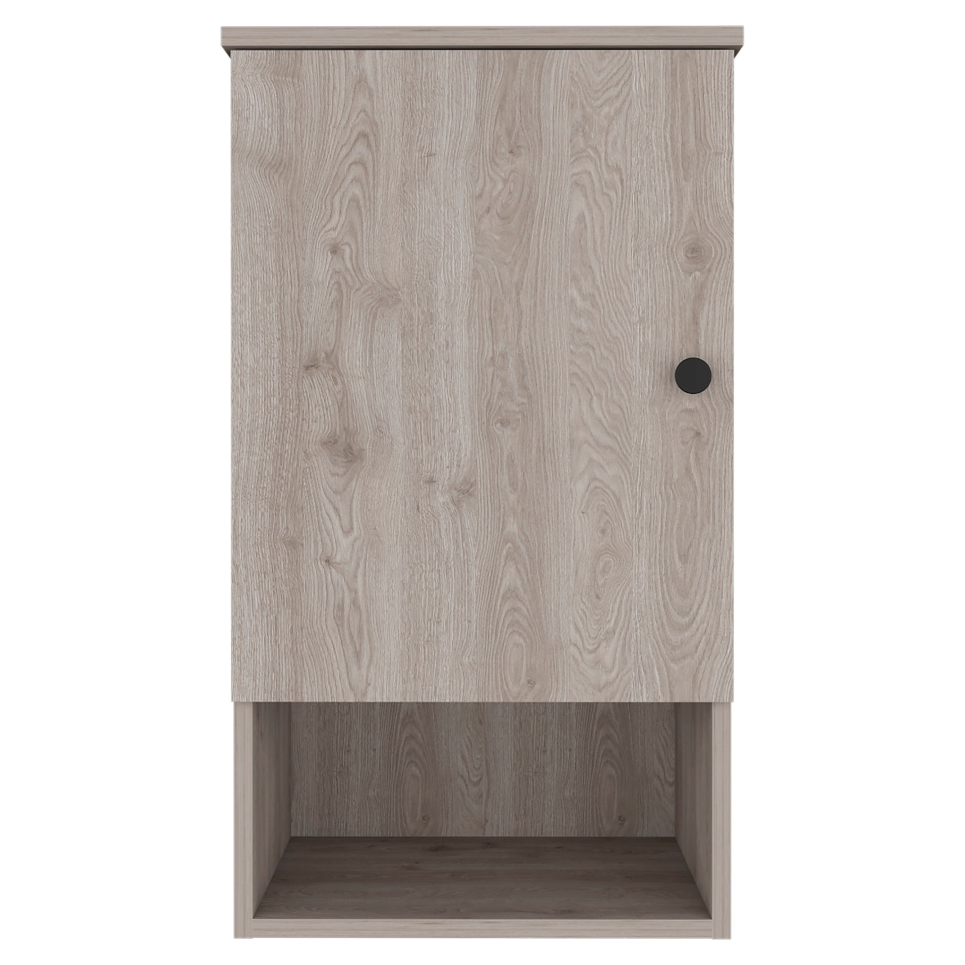 Light gray wood grain wall cabinet with black knob and open shelf below