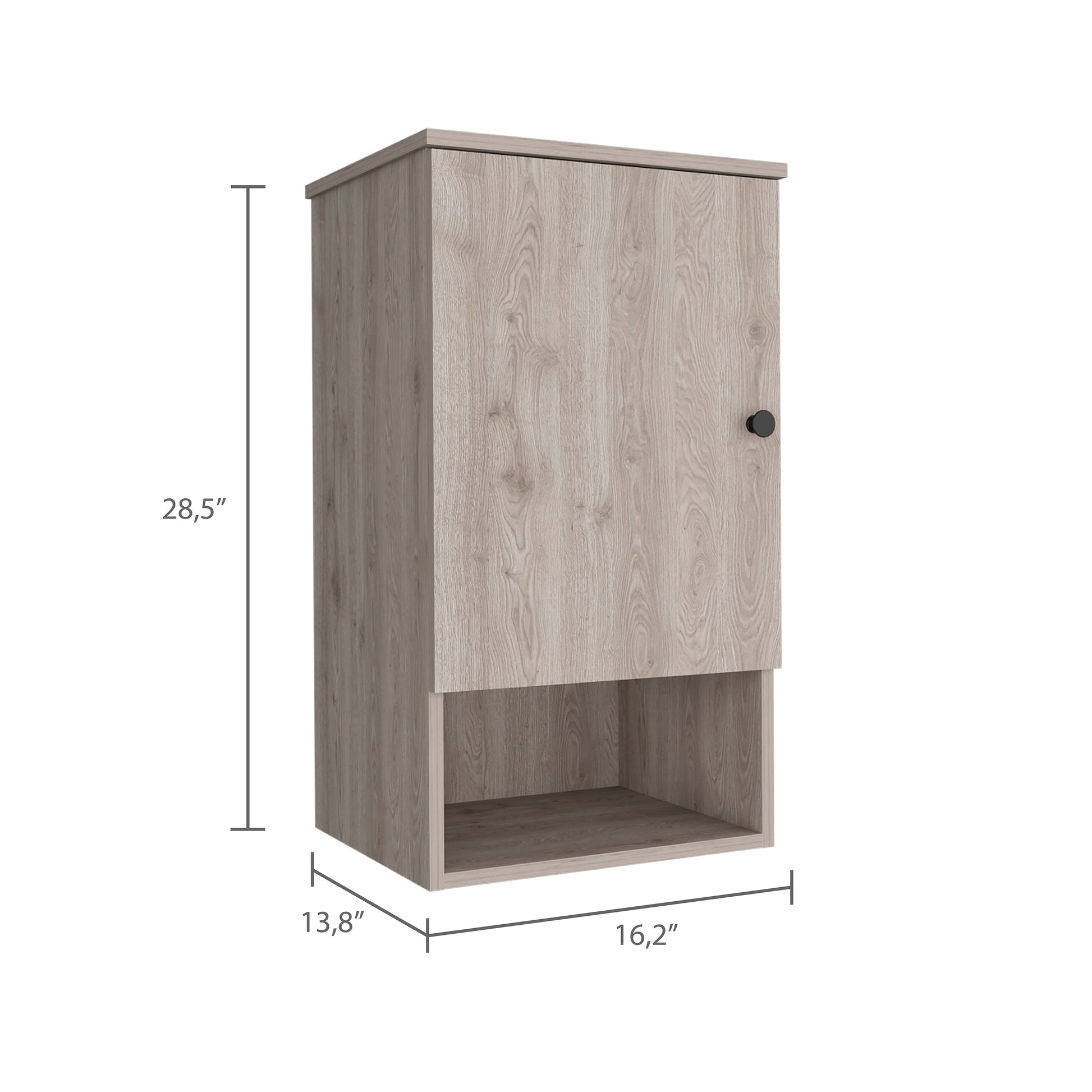 Light oak wood grain wall cabinet with a black knob and open shelf below