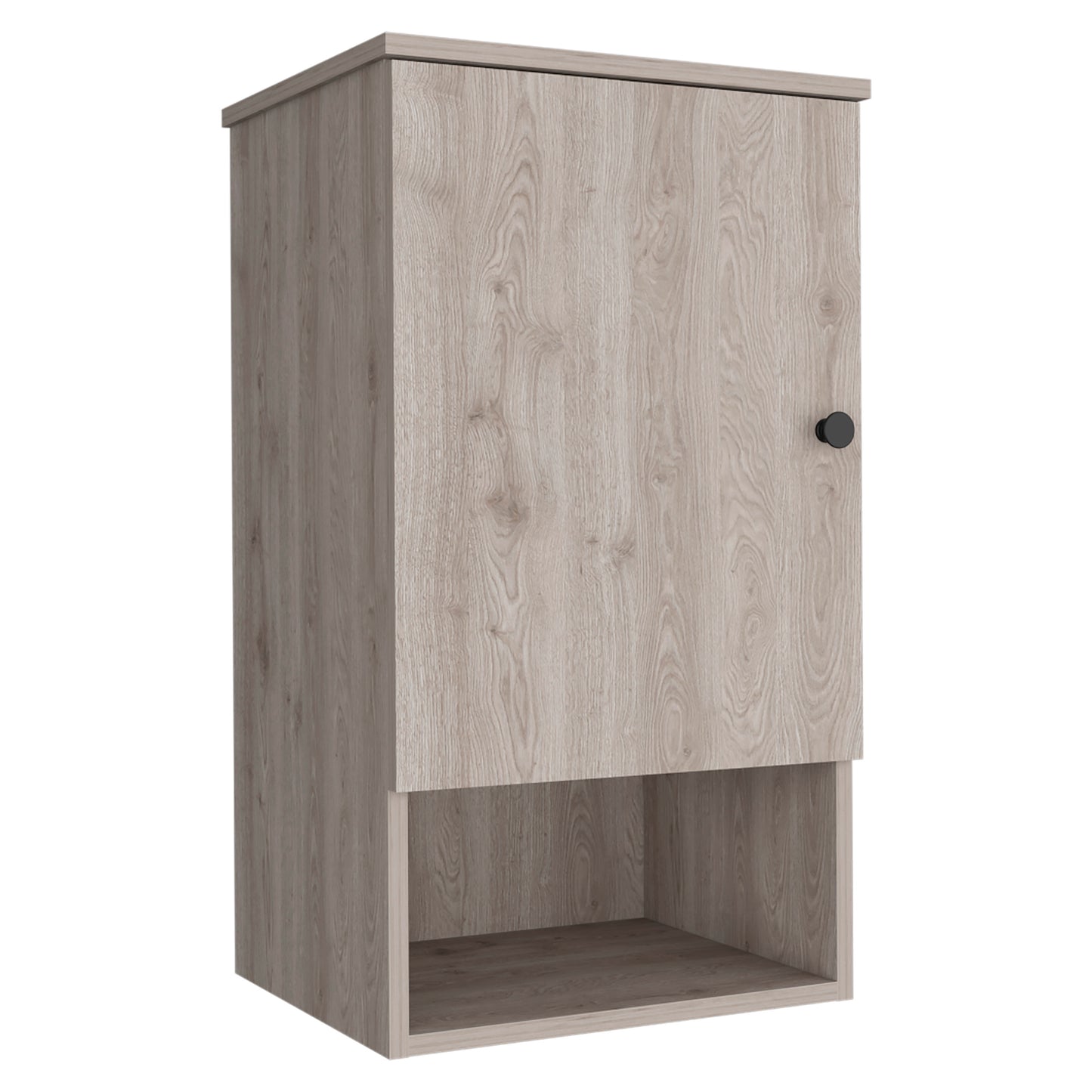 Modern wood grain cabinet with single door and open shelf below