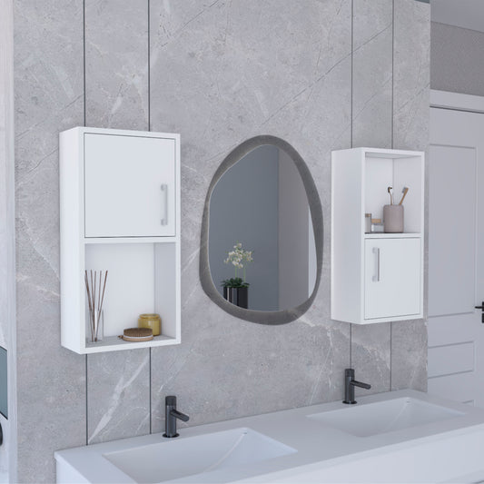 Modern white bathroom vanity with dual sinks and stylish matte black faucets