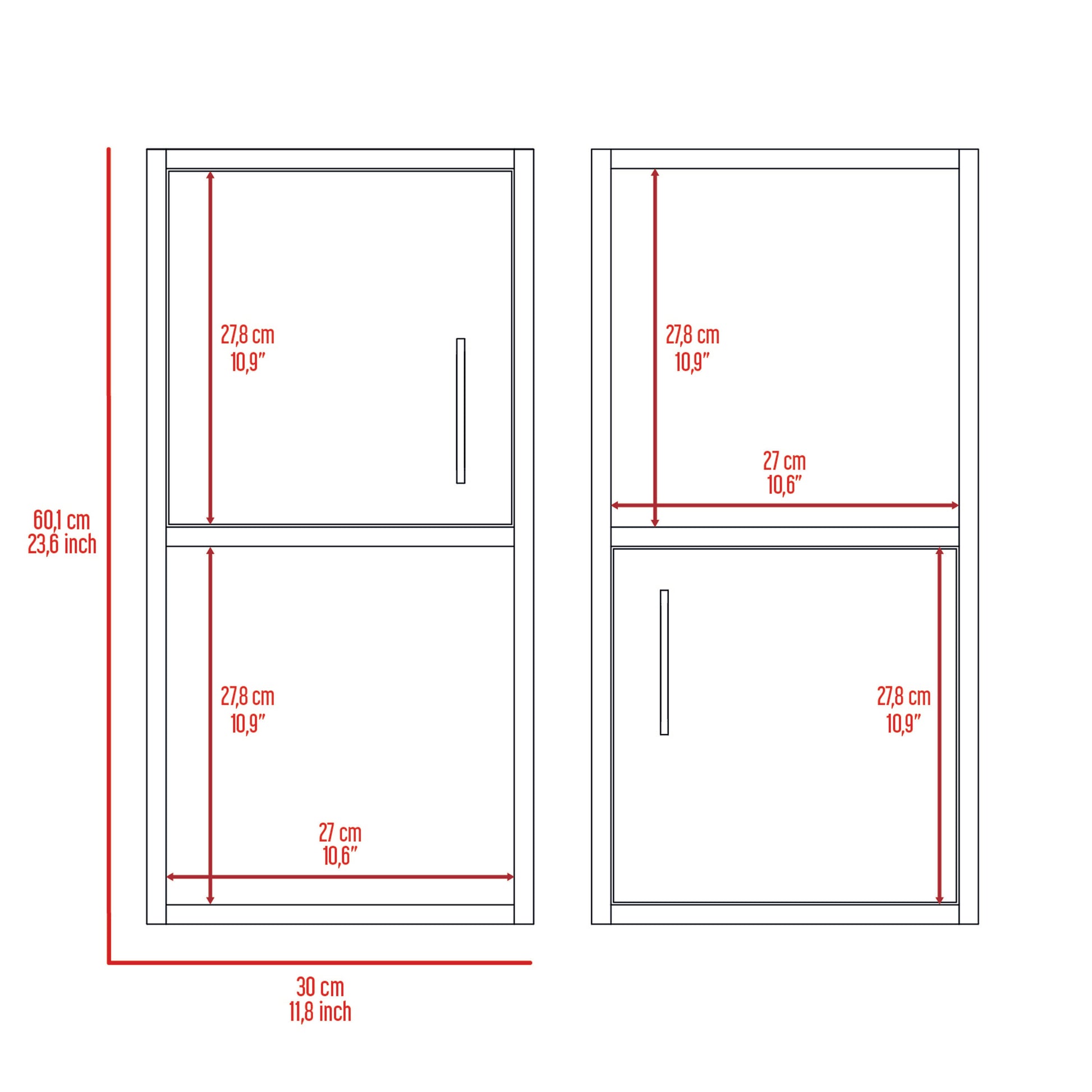 Line drawing of a dualcompartment storage cabinet with dimensions cm height