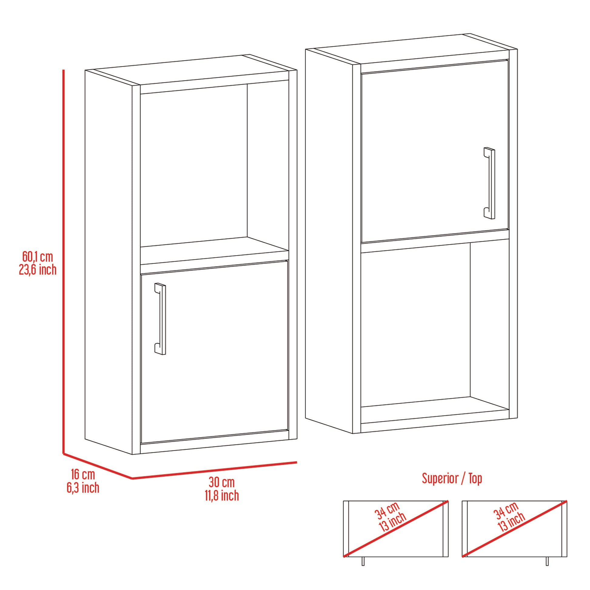 Line drawing of a tall narrow white storage cabinet with one open shelf and a closed door