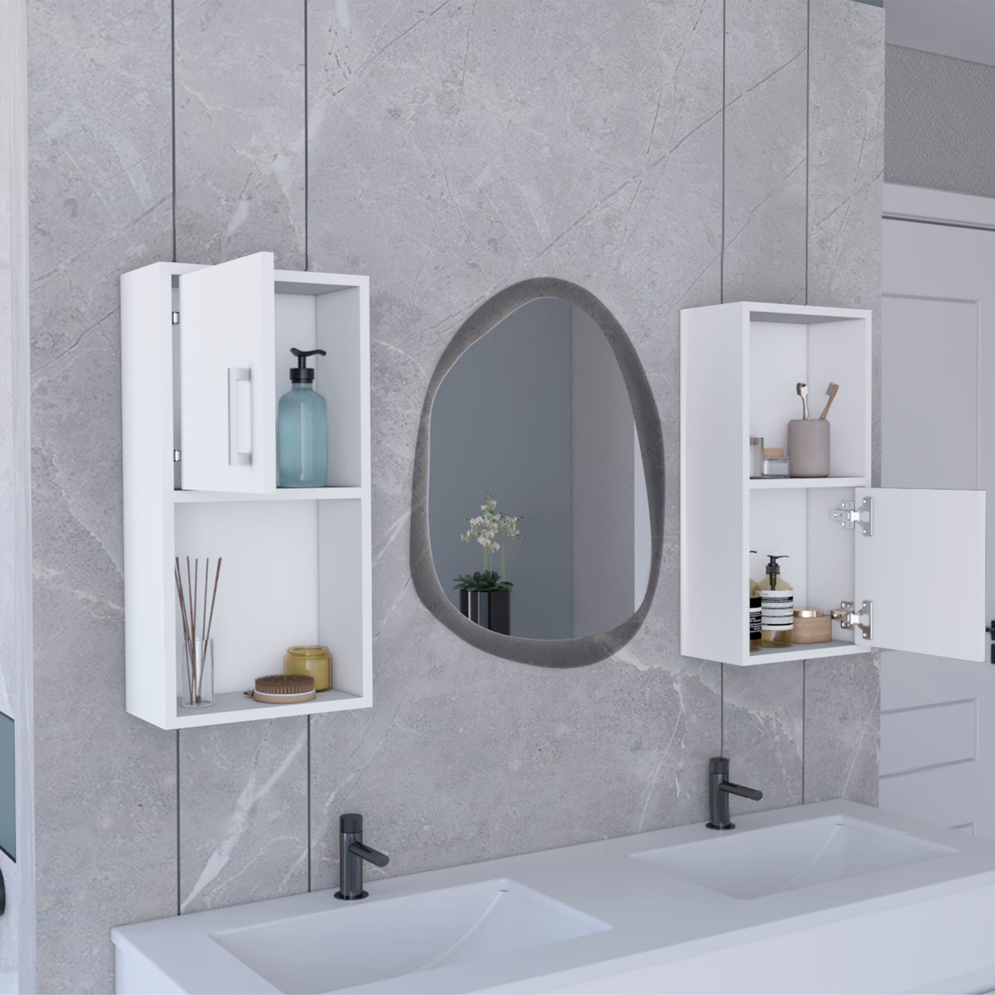 Modern white wallmounted bathroom cabinet with open shelving and decorative items