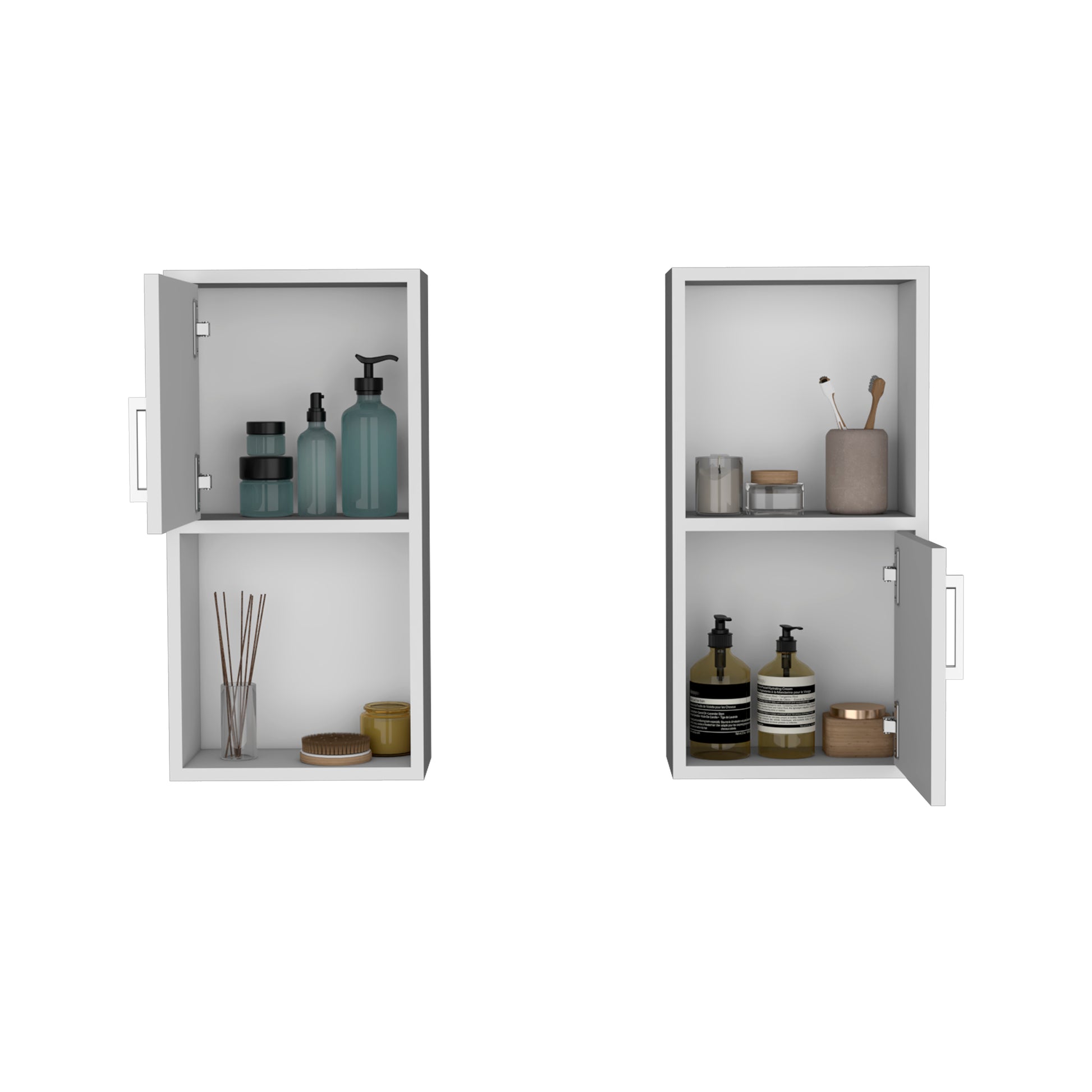 White bathroom cabinet with open doors displaying teal bottles and jars