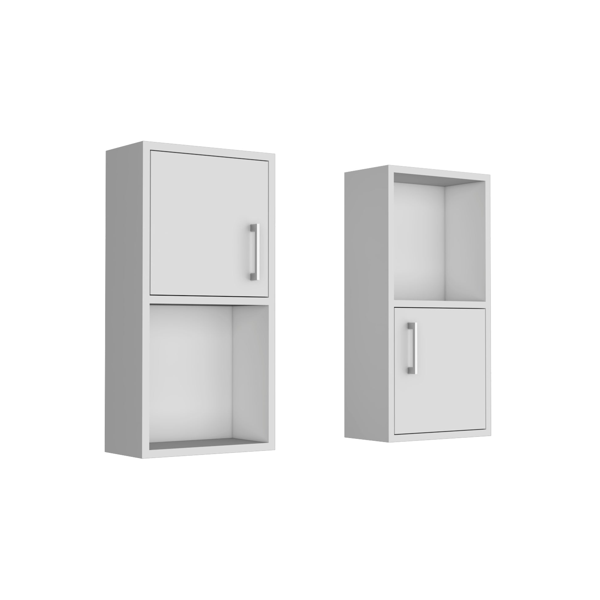 White wallmounted cabinet with a closed door on top and open shelf below