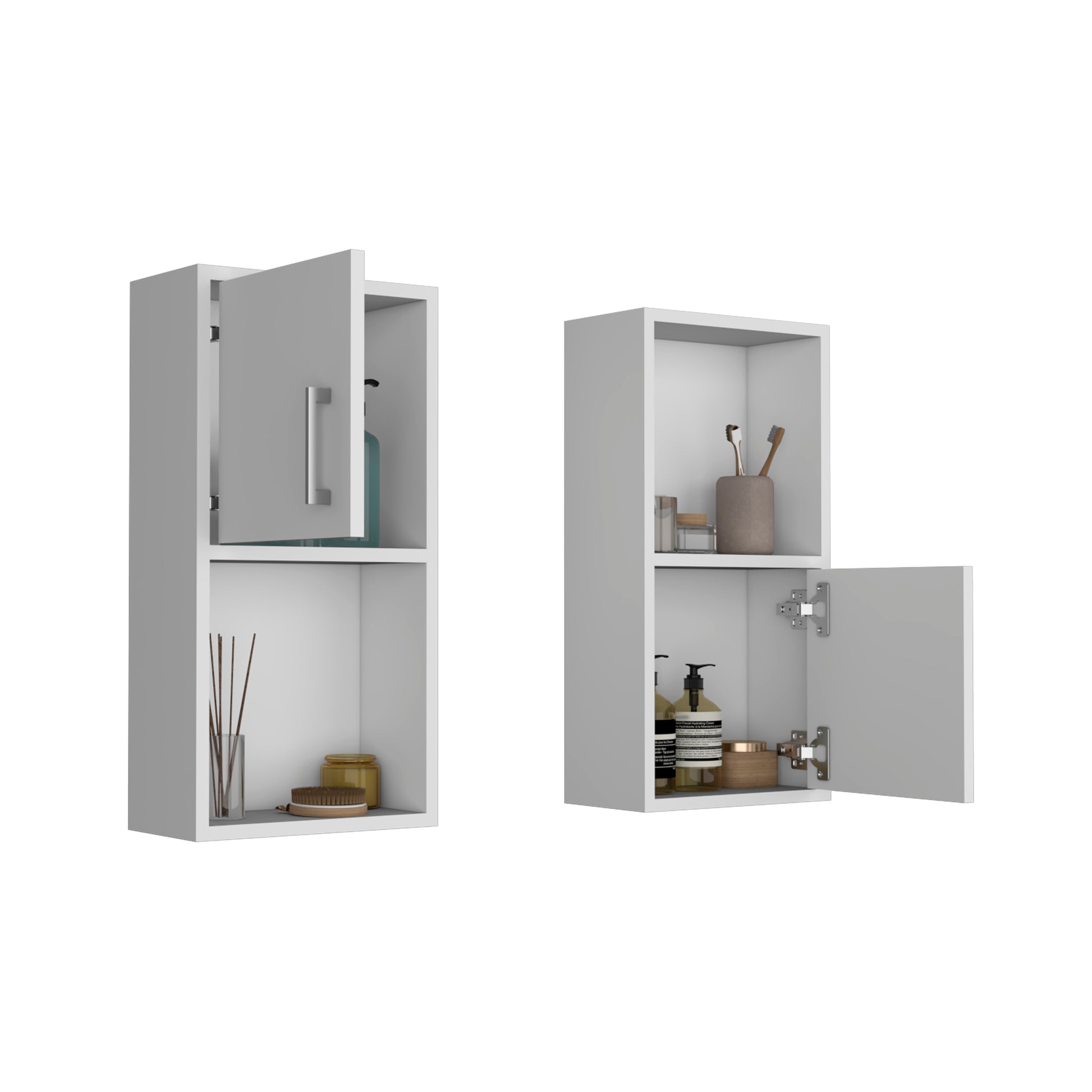 White modern wall cabinet with sleek silver handle open door revealing toiletries