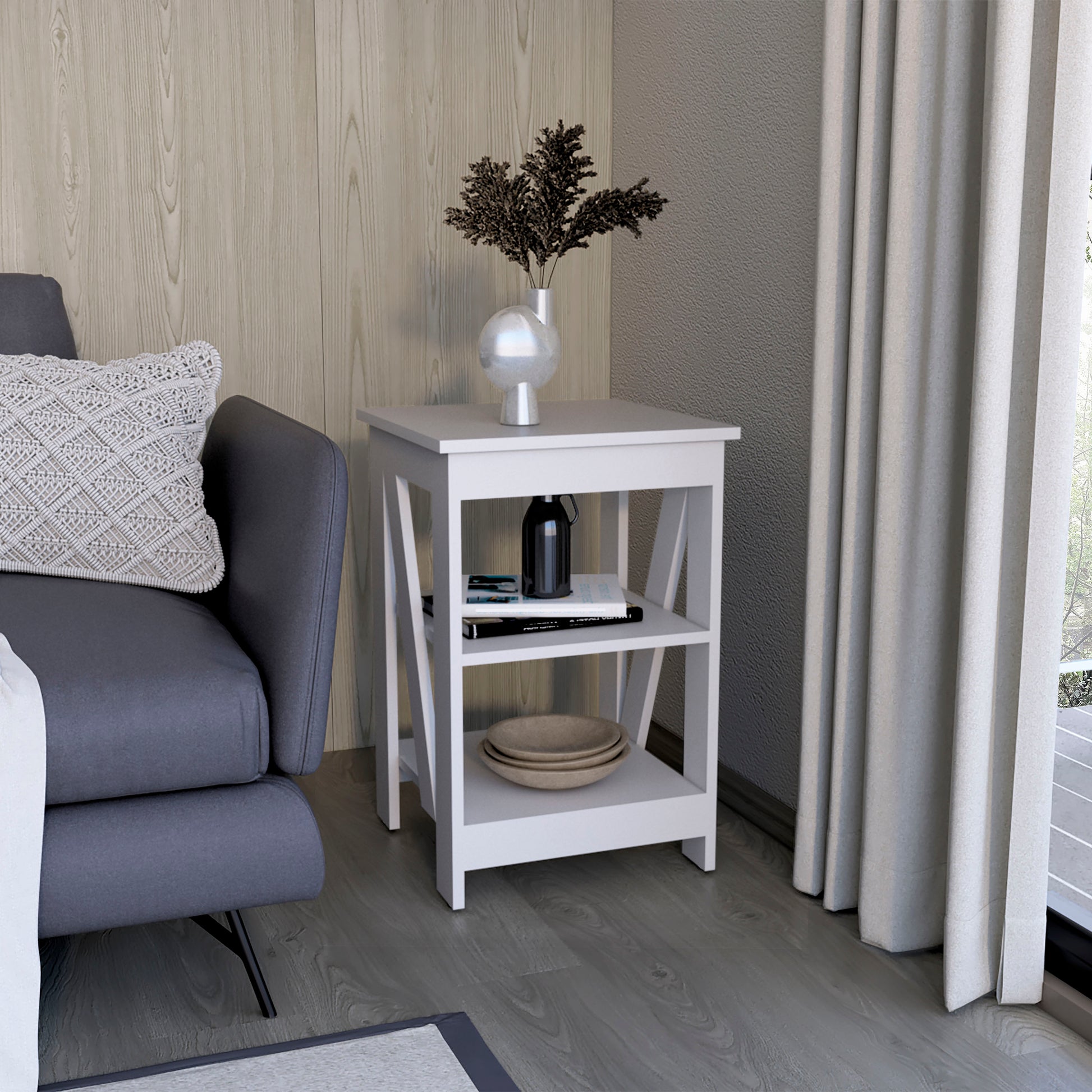 White modern end table with two shelves featuring decorative Xframe legs ideal for living rooms