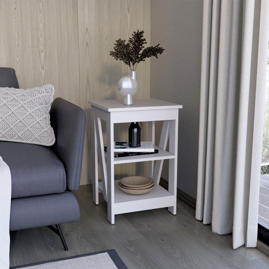White modern end table with two shelves featuring decorative Xframe legs ideal for living rooms