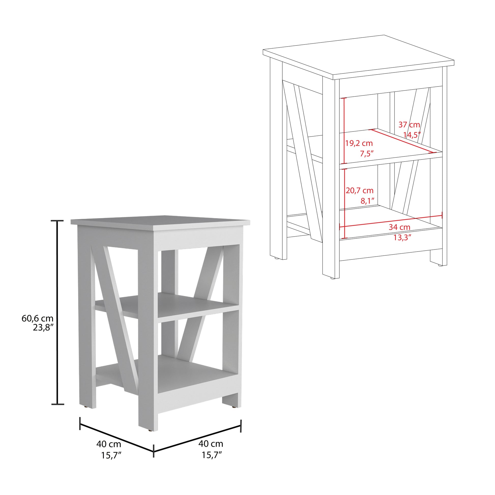 White wooden accent table with two shelves and crossbraced sides Measures cm high