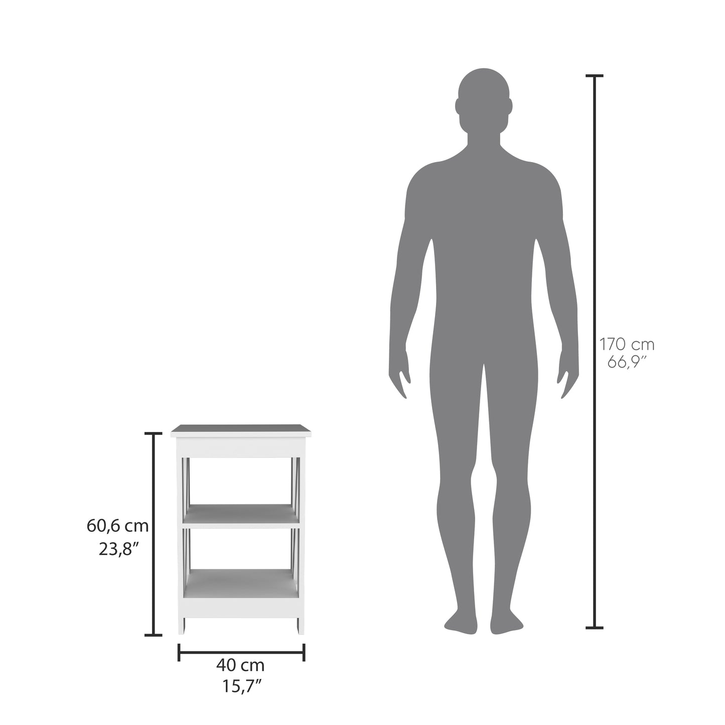 White threetier shelf unit with dimensions  cm H x  cm W shown next to a human silhouette for scale