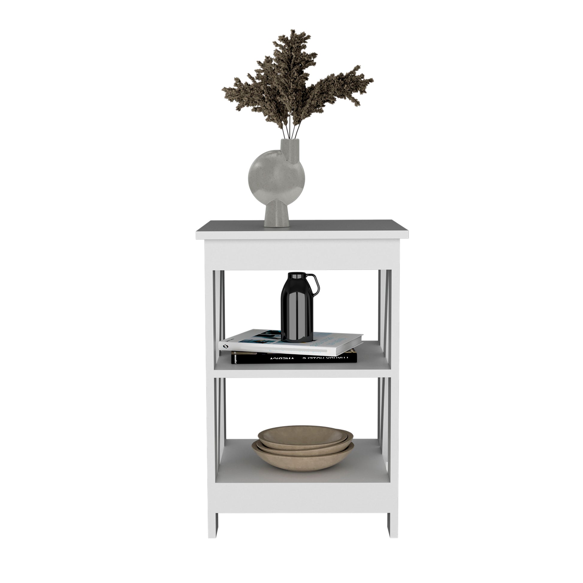 Minimalist white side table with three shelves displaying decor