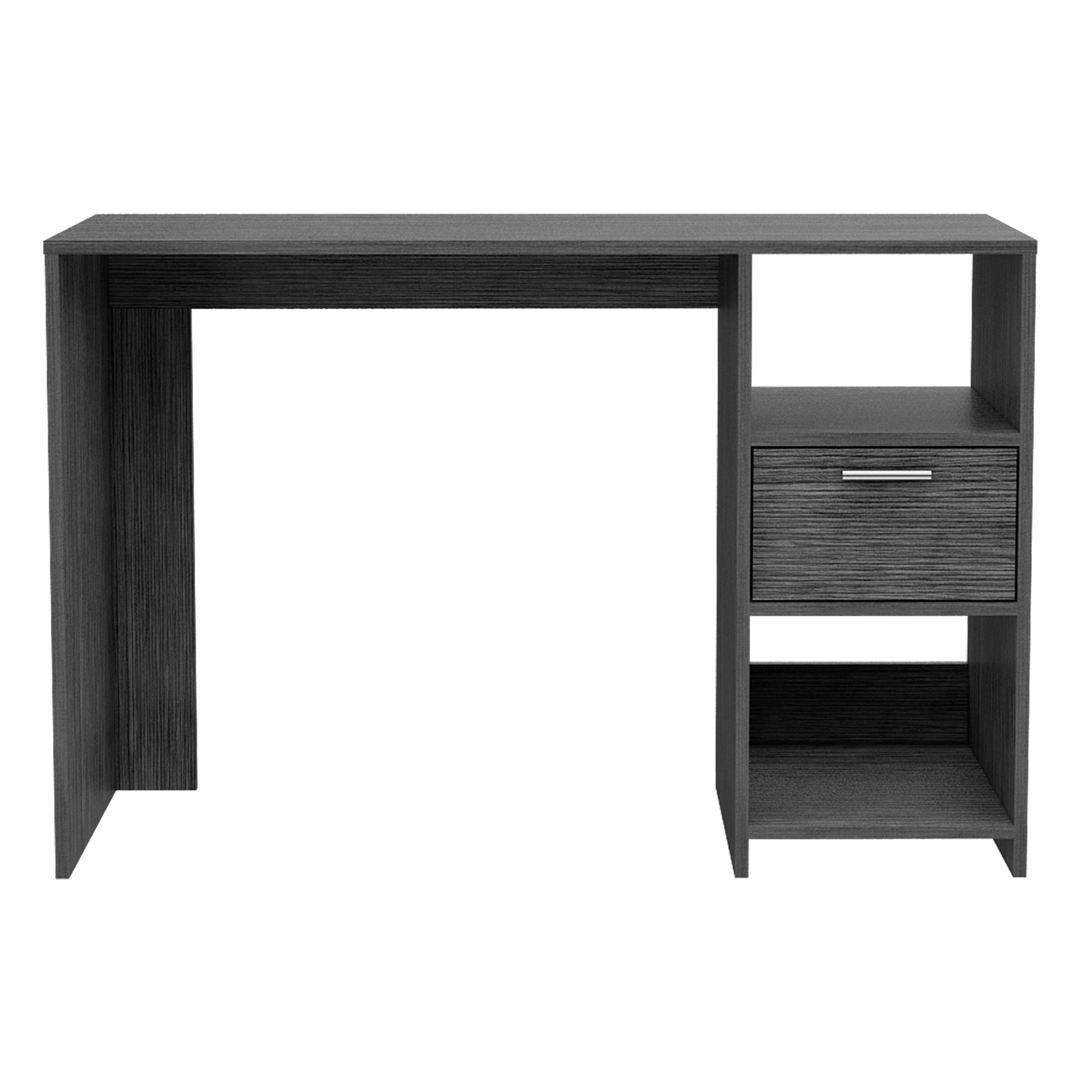 Gray wood grain writing desk with drawer and open shelf