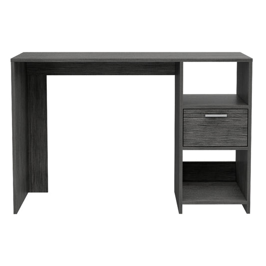 Gray wood grain writing desk with drawer and open shelf
