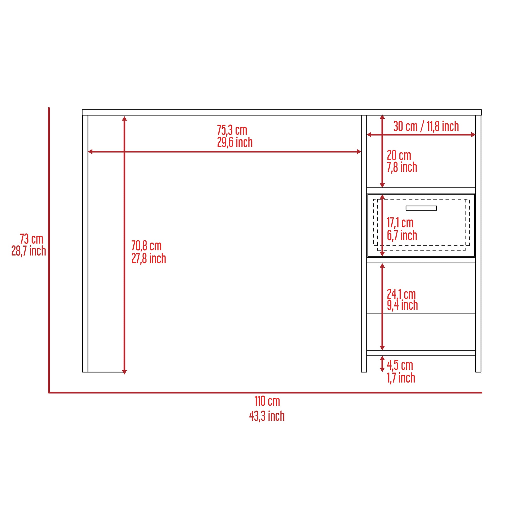 Diagram of a modern desk with dimensions  cm total width  cm height