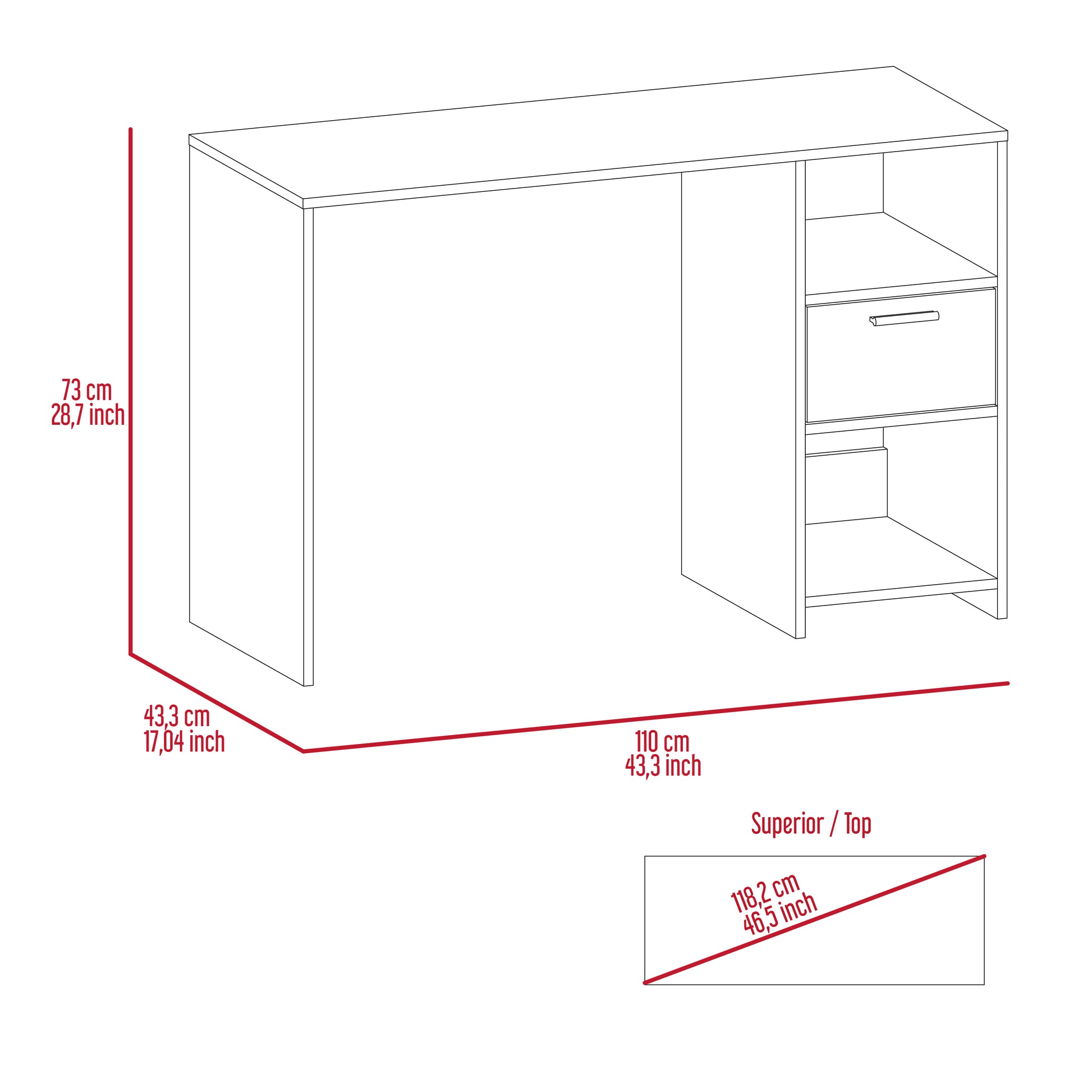 Modern white computer desk with one drawer and open shelving  cm wide