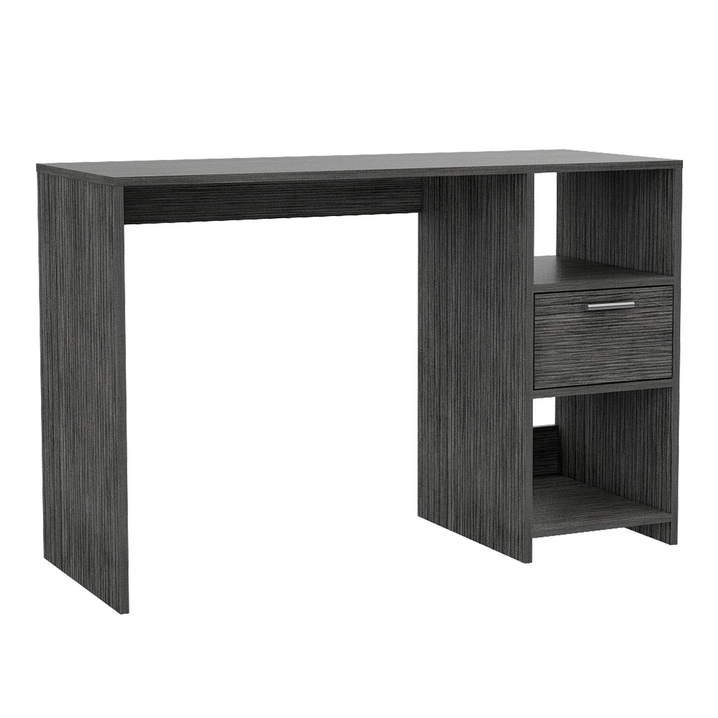 Dark gray wood grain computer desk with one drawer and open shelving