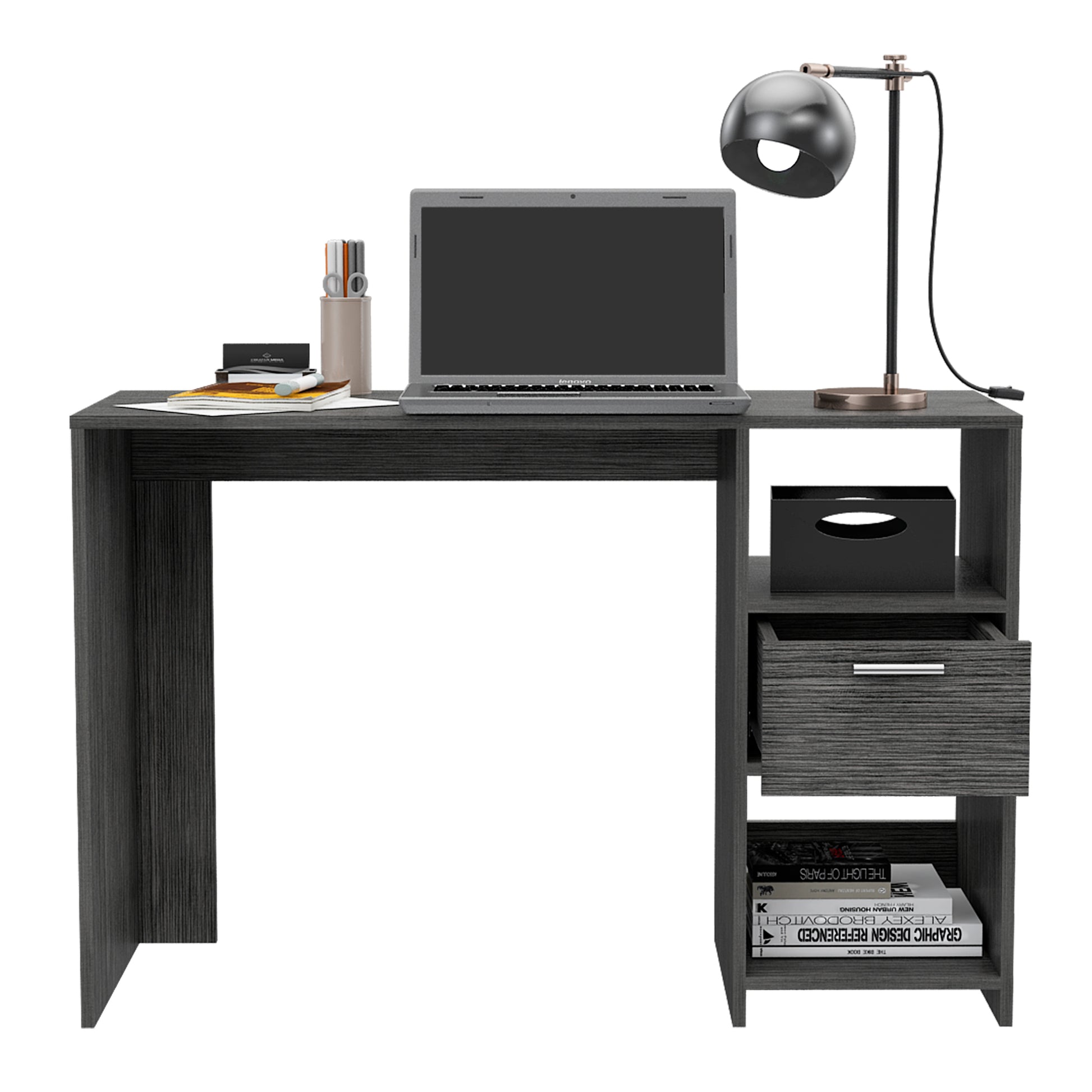 Dark gray modern desk with laptop lamp and organizers