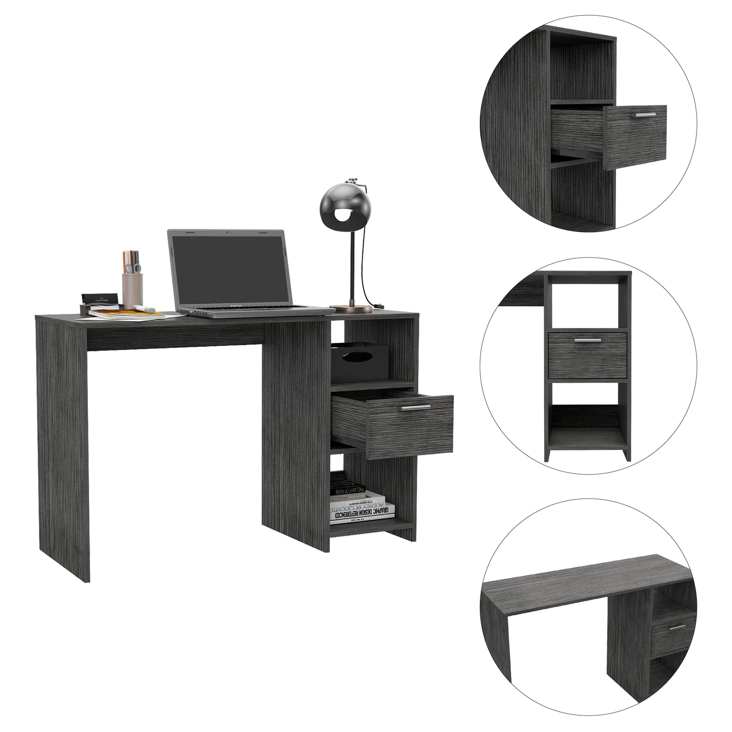 Compact grey wood writing desk with builtin shelves and drawer ideal for small spaces