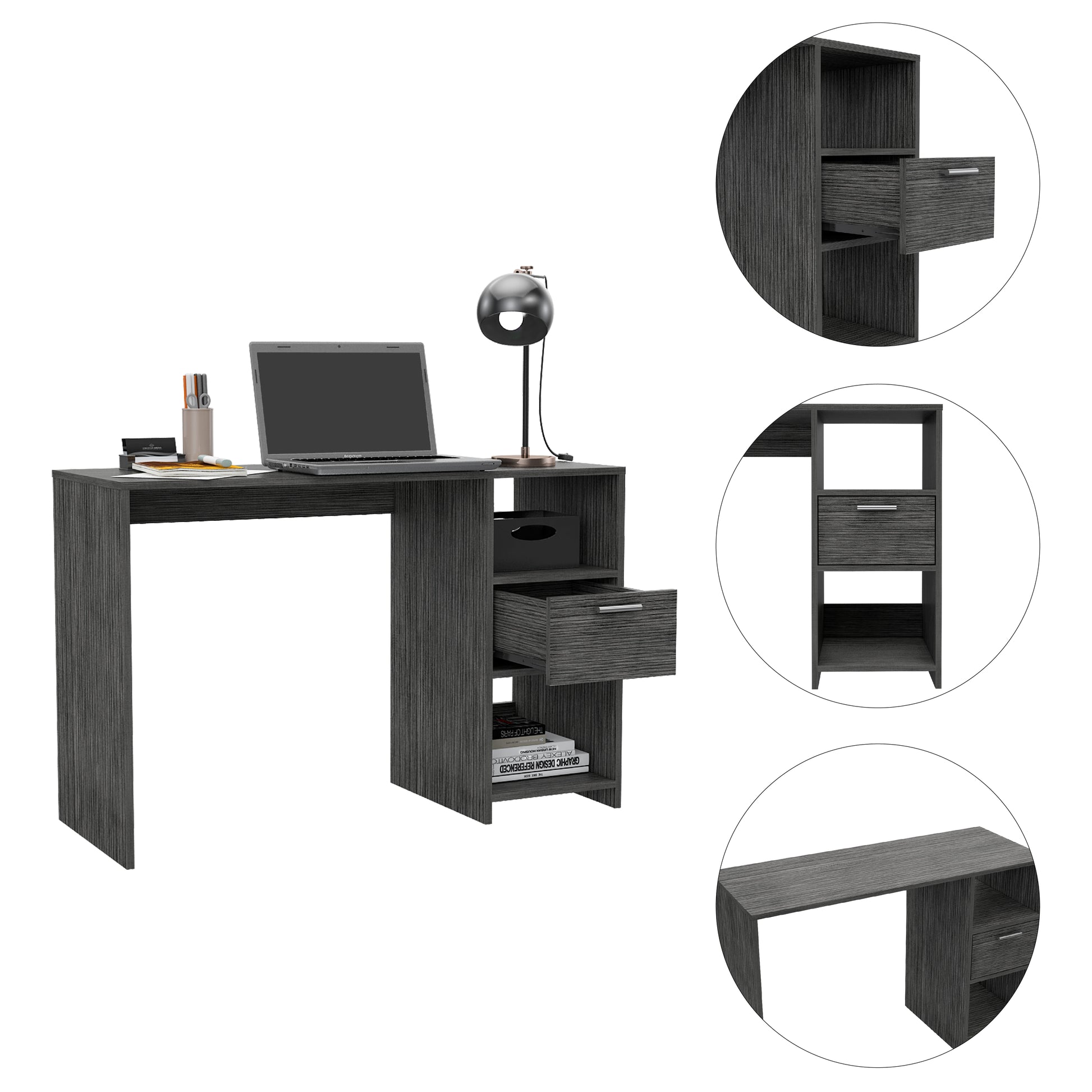 Compact grey wood writing desk with builtin shelves and drawer ideal for small spaces