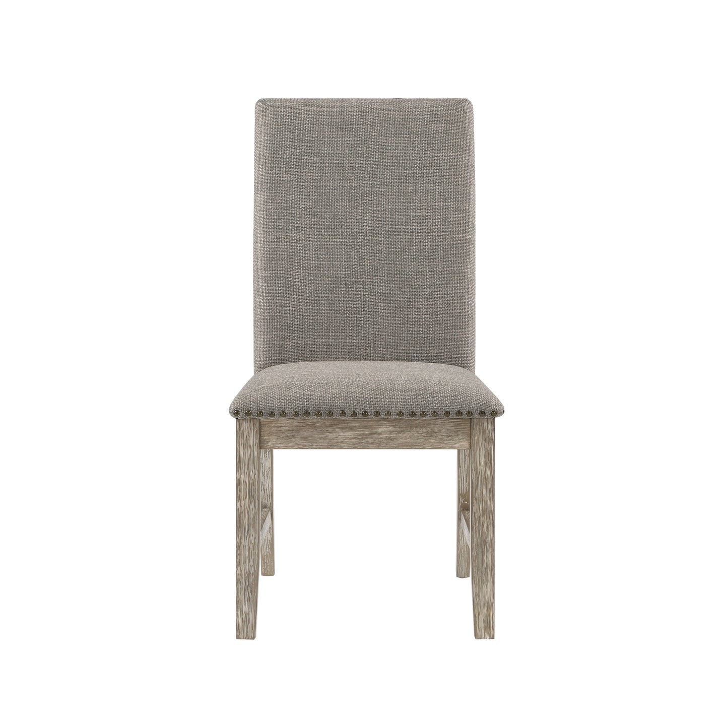 Upholstered dining chair with neutral grey fabric and nailhead trim