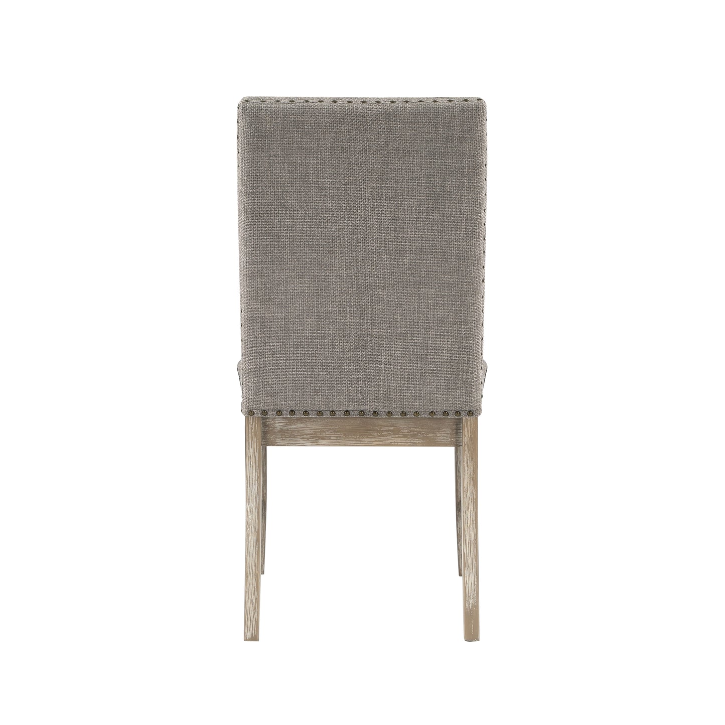 Back view of a gray upholstered dining chair with nailhead trim and wooden legs