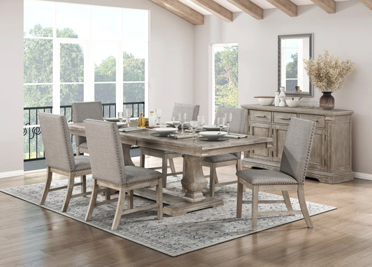 Rustic wood dining table set with six upholstered chairs