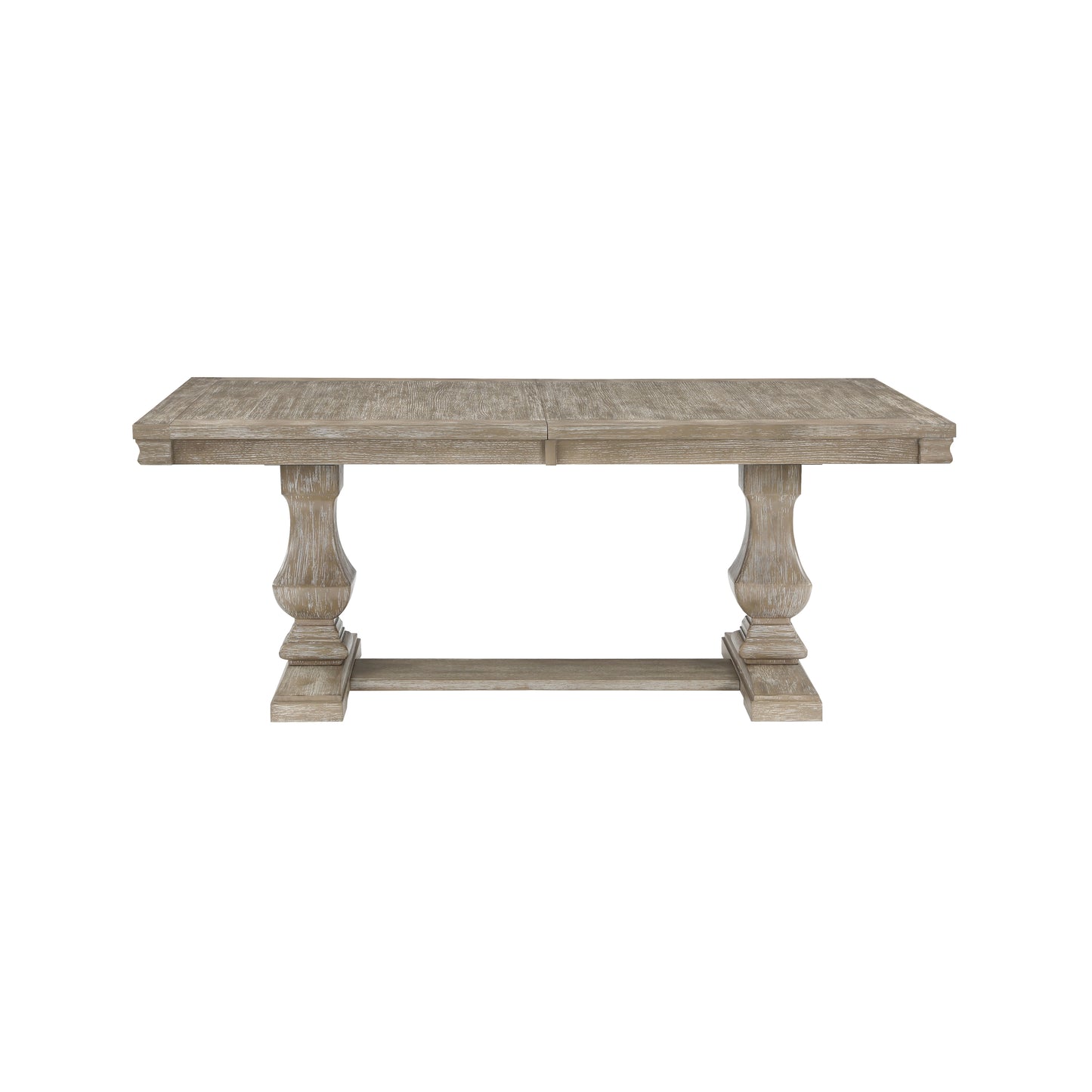 Distressed wood dining table with pedestal bases and a central plank extension
