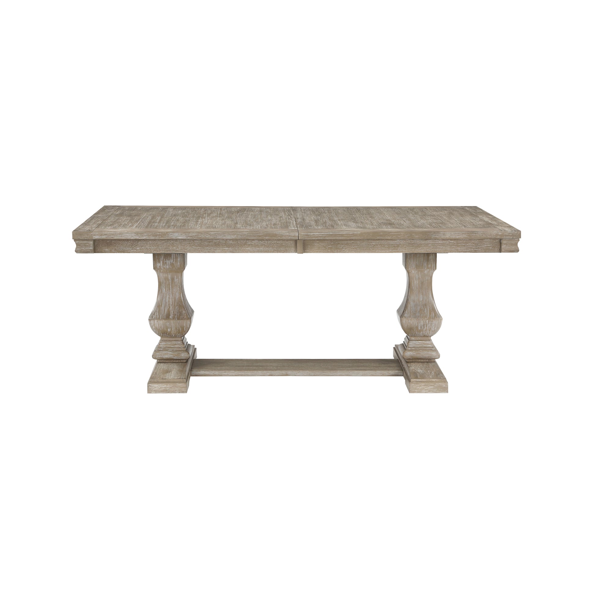 Distressed wood dining table with pedestal bases and a central plank extension