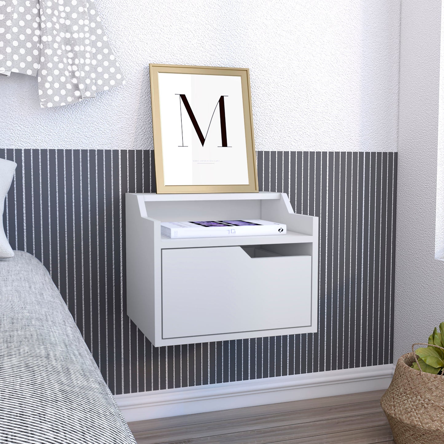 Modern white wallmounted bedside table with a single drawer and open shelf
