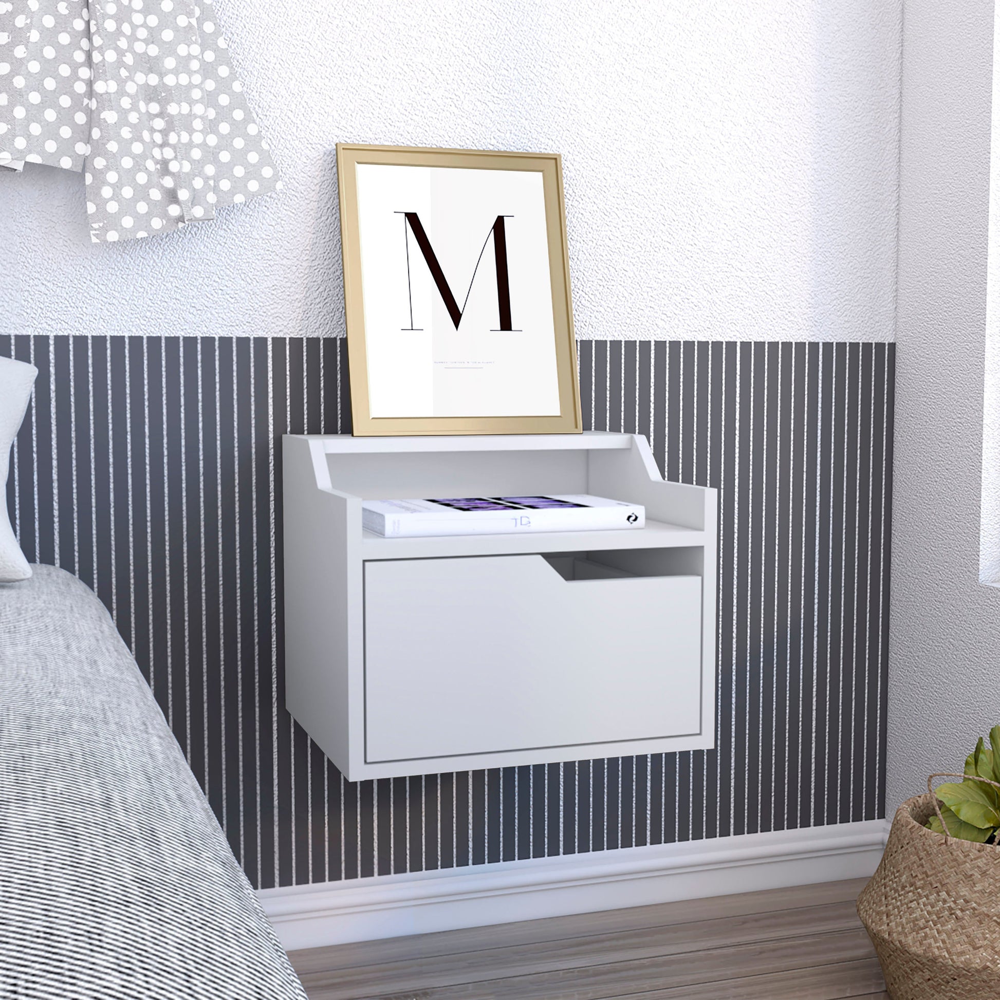 Modern white wallmounted bedside table with a single drawer and open shelf
