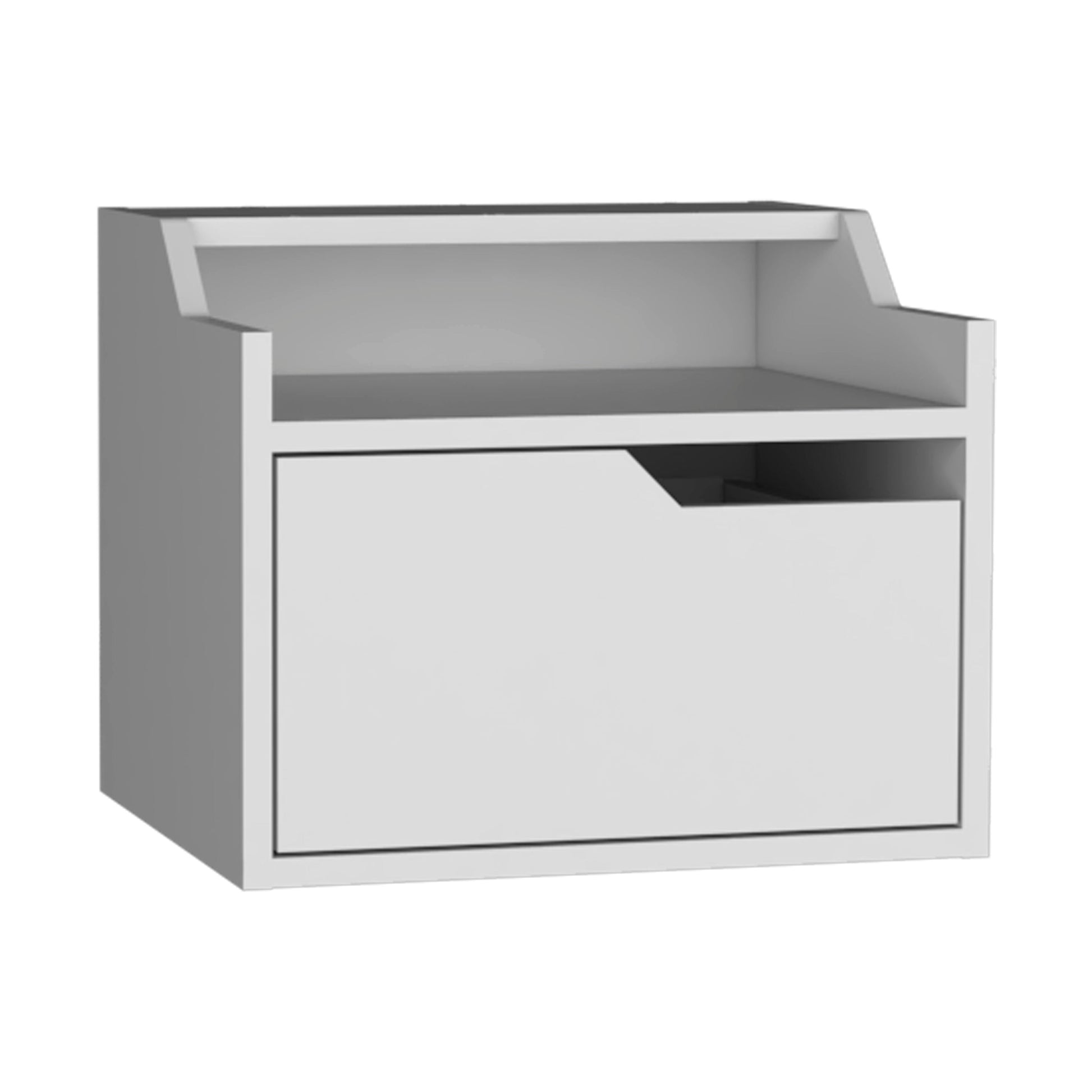 Modern white nightstand with one drawer and open shelf for bedroom storage