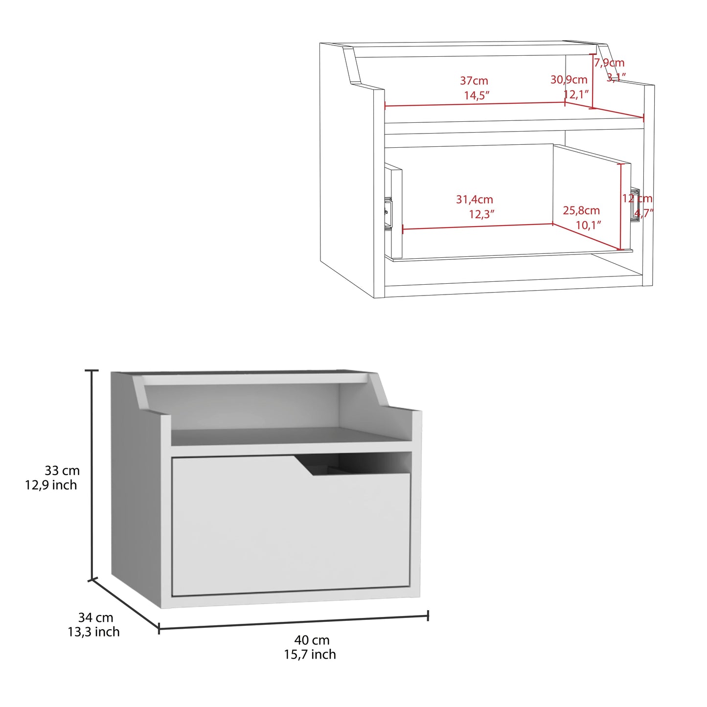 White modern bedside table with drawer and open shelf
