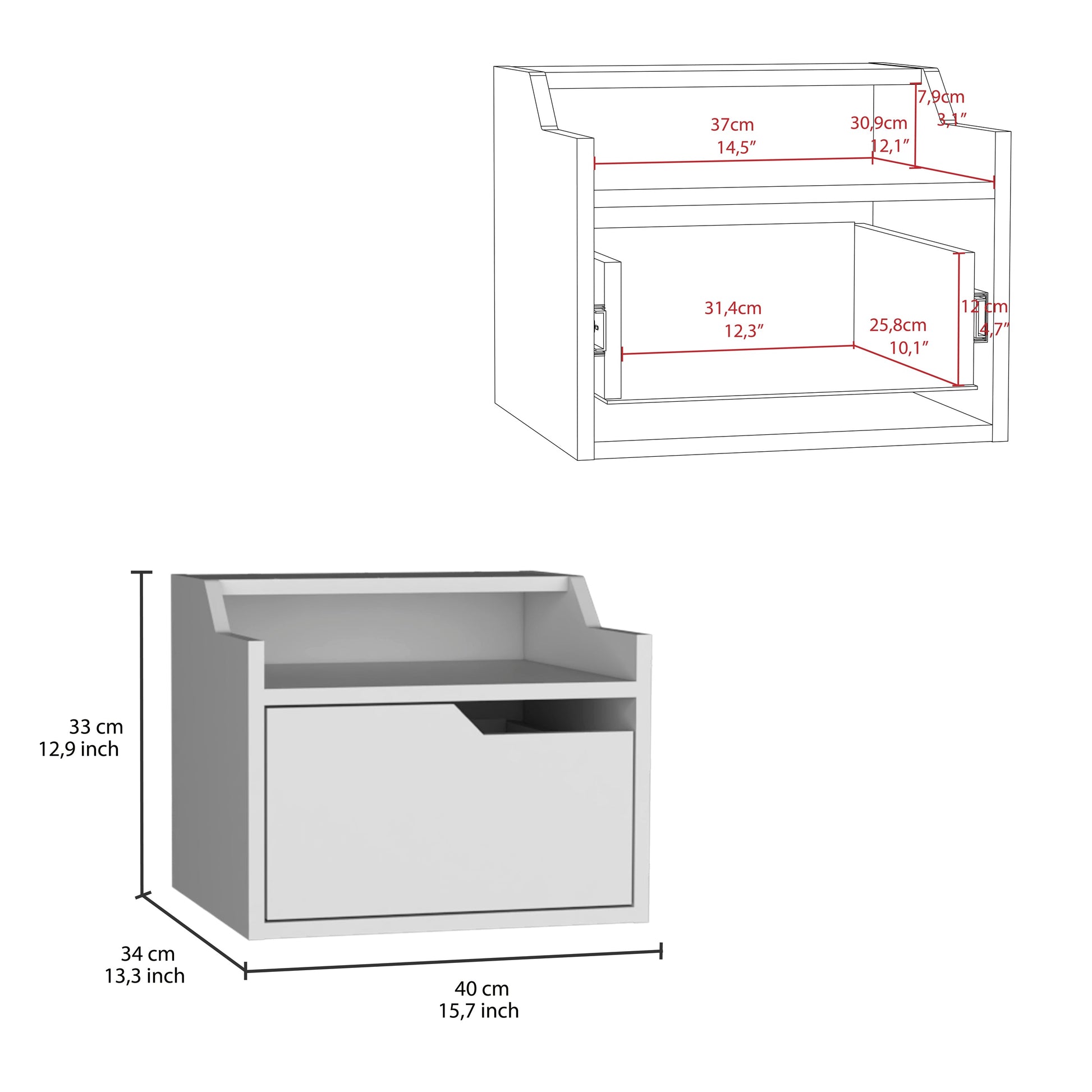 White modern bedside table with drawer and open shelf