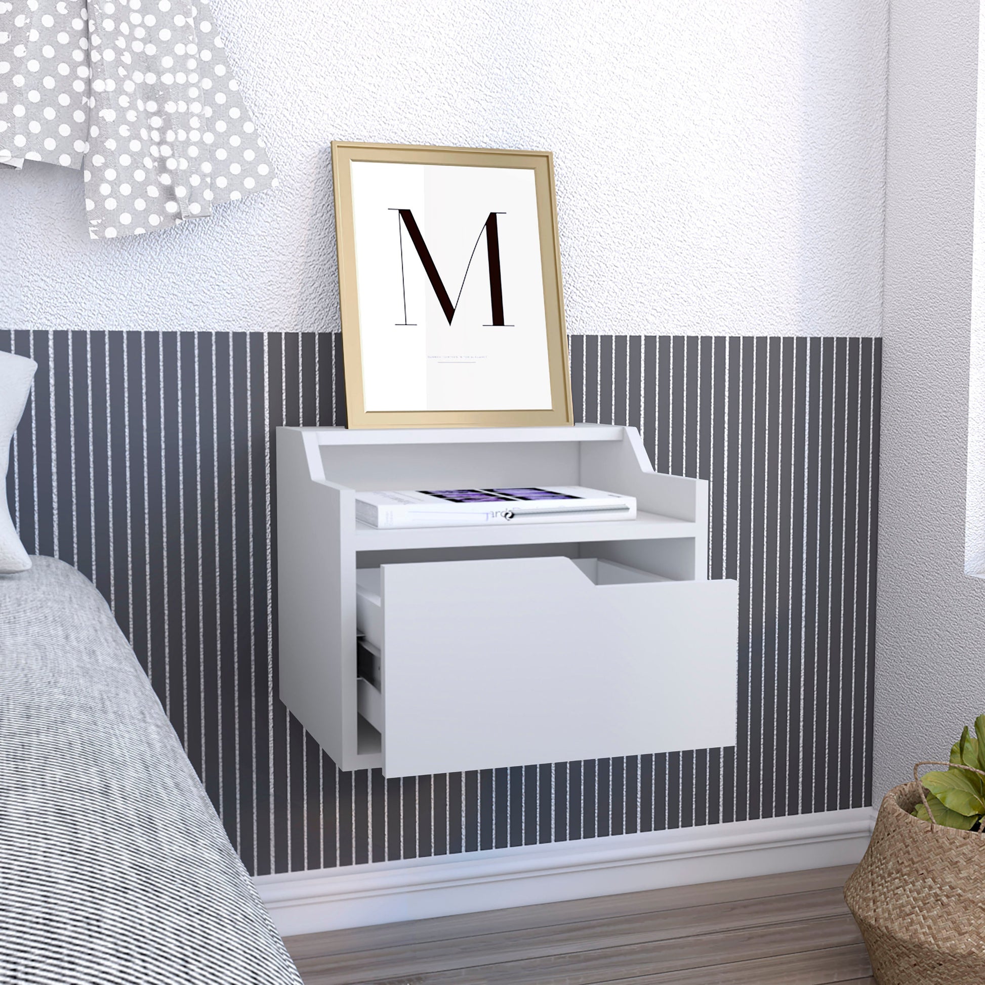 White modern wallmounted nightstand with open shelf and drawer for bedroom storage