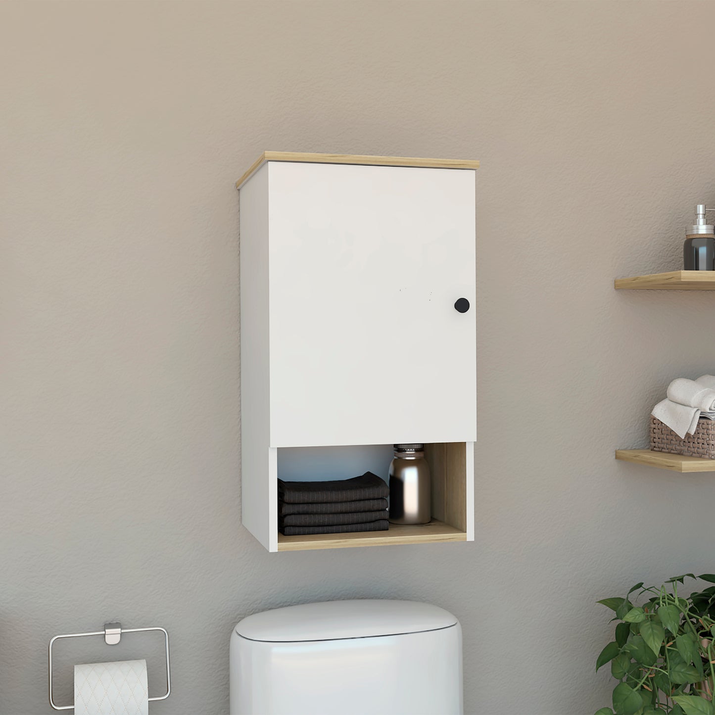 White and woodgrain bathroom wall cabinet with open shelf holding towels