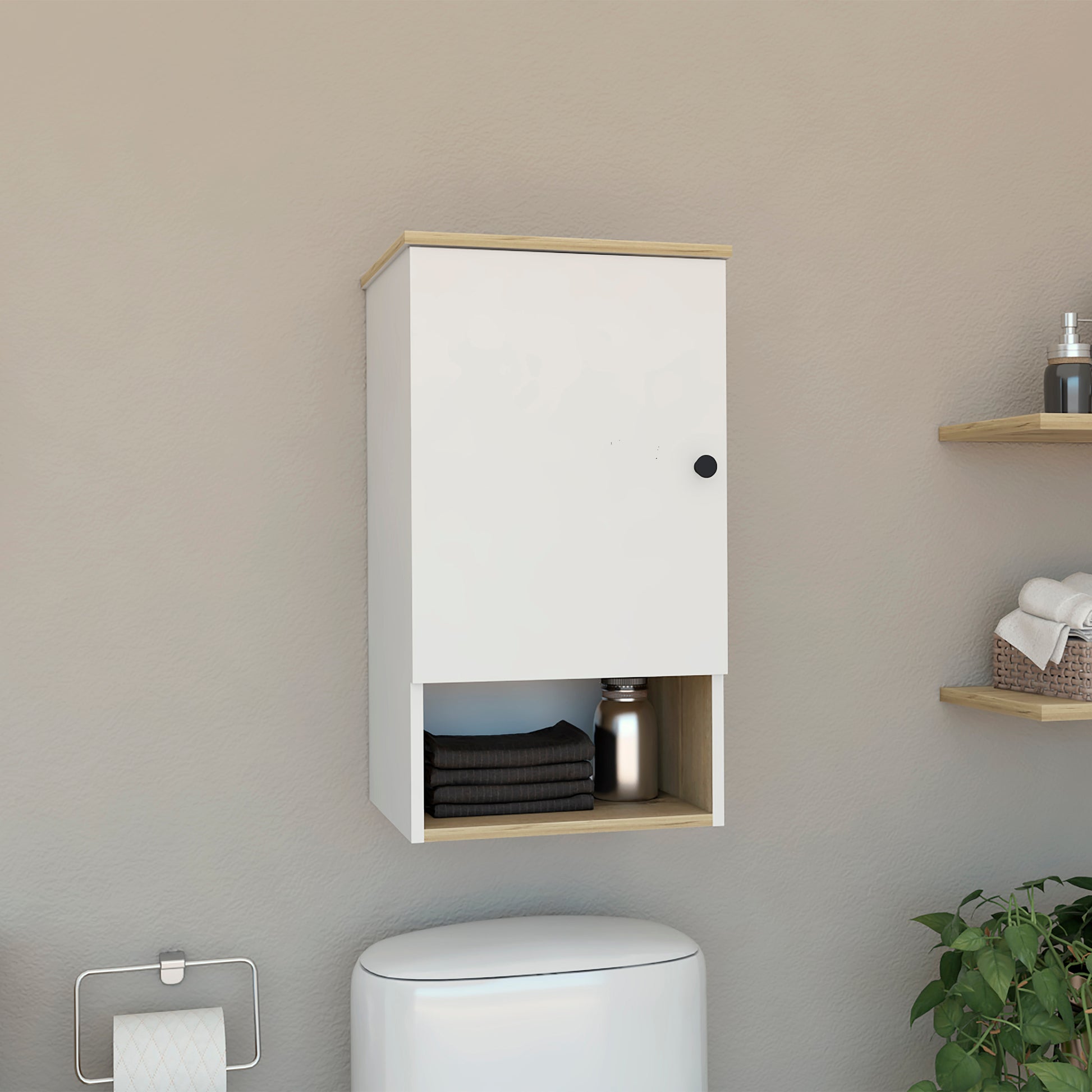 White and woodgrain bathroom wall cabinet with open shelf holding towels