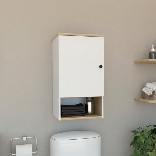 White and woodgrain bathroom wall cabinet with open shelf holding towels