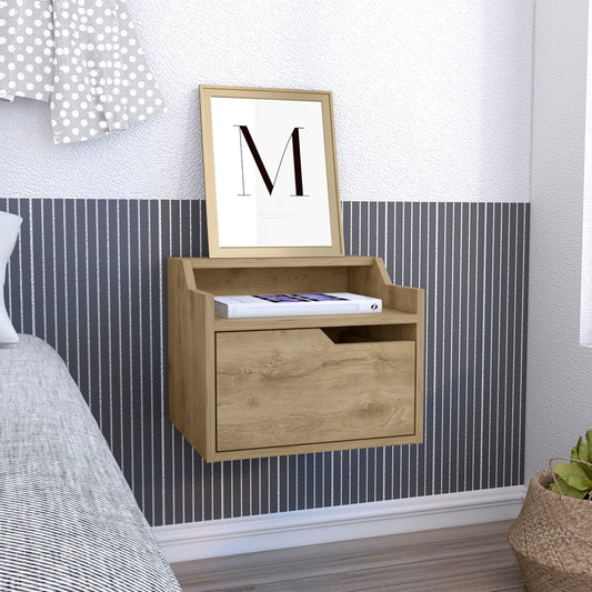 Natural wood veneer floating nightstand with single drawer and open shelf